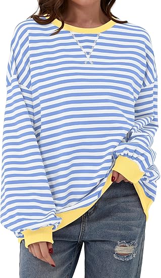 Women Striped Oversized Sweatshirt Color Block Crew Neck Long Sleeve Shirt