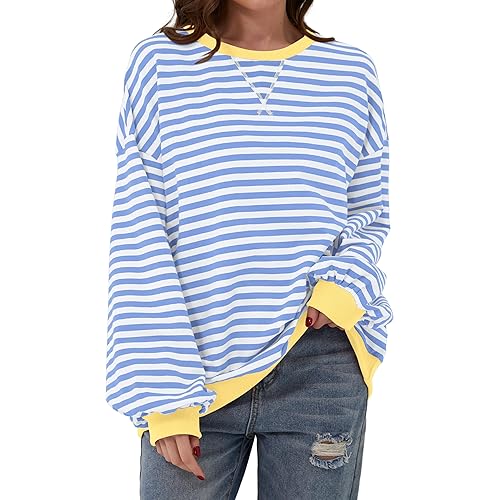 Labolliy Women Striped Oversized Sweatshirt Color Block Crew Neck Long Sleeve Shirt Casual Pullover Top Fall Y2K Clothes