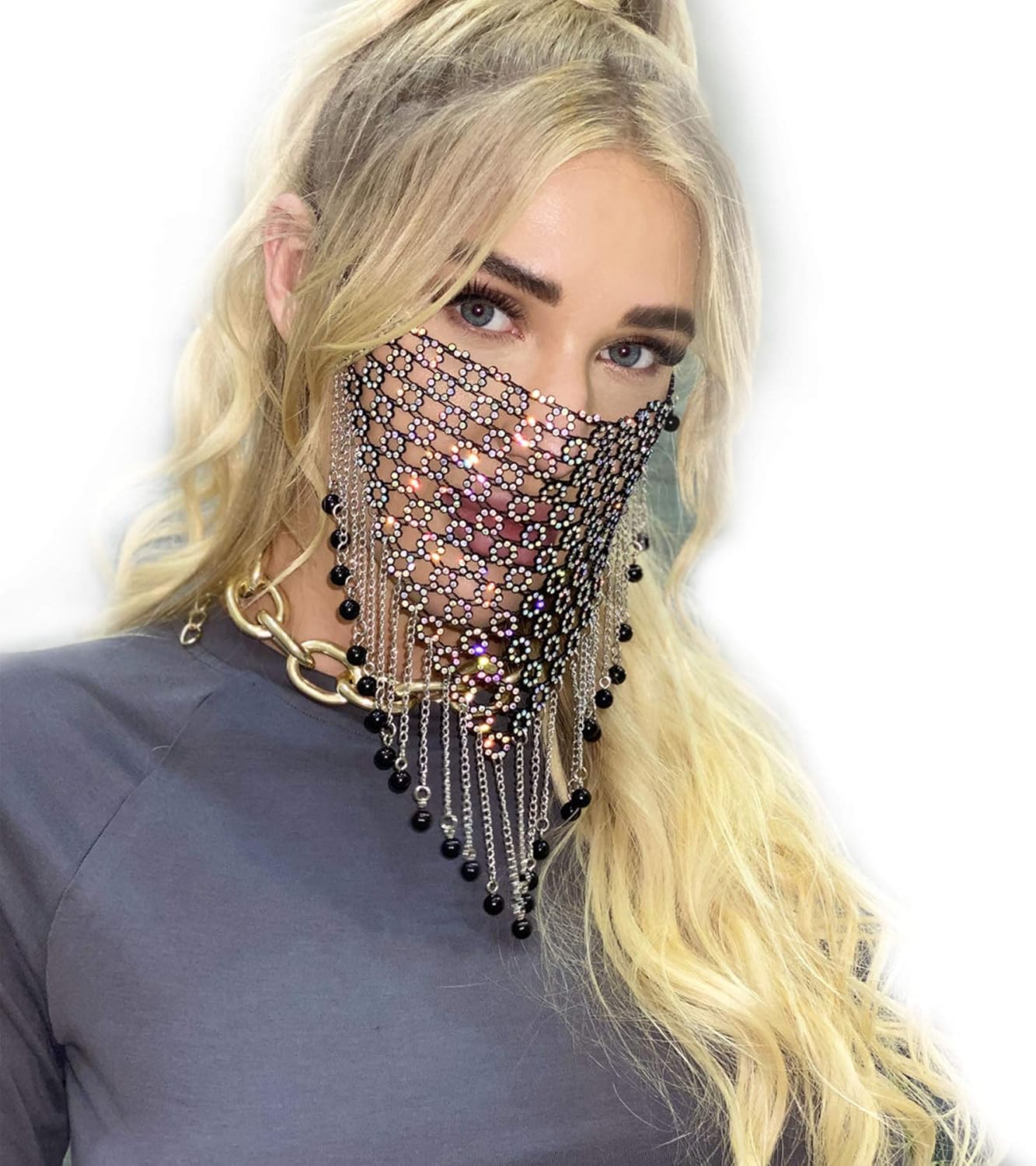 Zariocy Sparkly Rhinestone Face Mask Cover Fashion Bohemian Tassel Crystal Diamond Chain Necklace, for Women and Girls Masquerade Cloth Party Venetian Carnival Jewelry Decoration (Black)