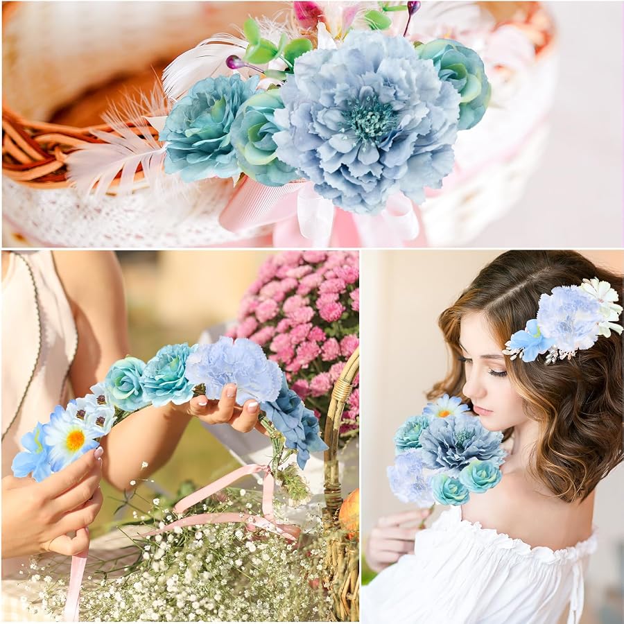 Olrla 50 Stk. blau Kunstblumenköpfe, Mini Seidenblumen für DIY Hochzeits | 50 Kunstblumenköpfe in 10 Sorten, ideal für DIY Hochzeit, Party, Kuchen- & Raumdekoration Herbstdekoration in Morandiblau, Bild 4