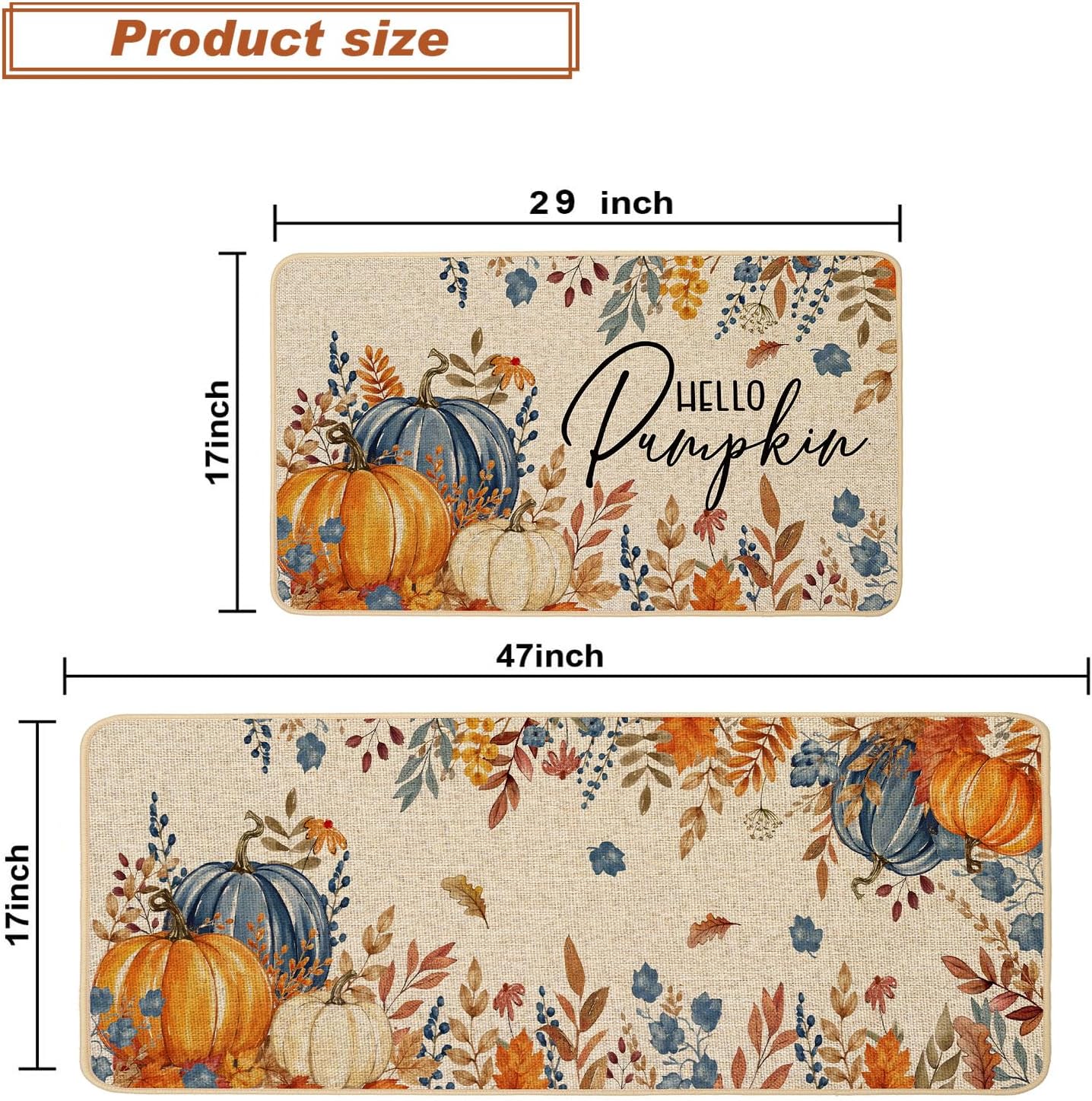 Baccessor Fall Kitchen Rugs Set of 2, Blue Pumpkin Floral Kitchen Mats for Floor Washable Low-Profile Farmhouse Autumn Holiday Home Indoor Outdoor Decor 17x29 and 17x47 Inch