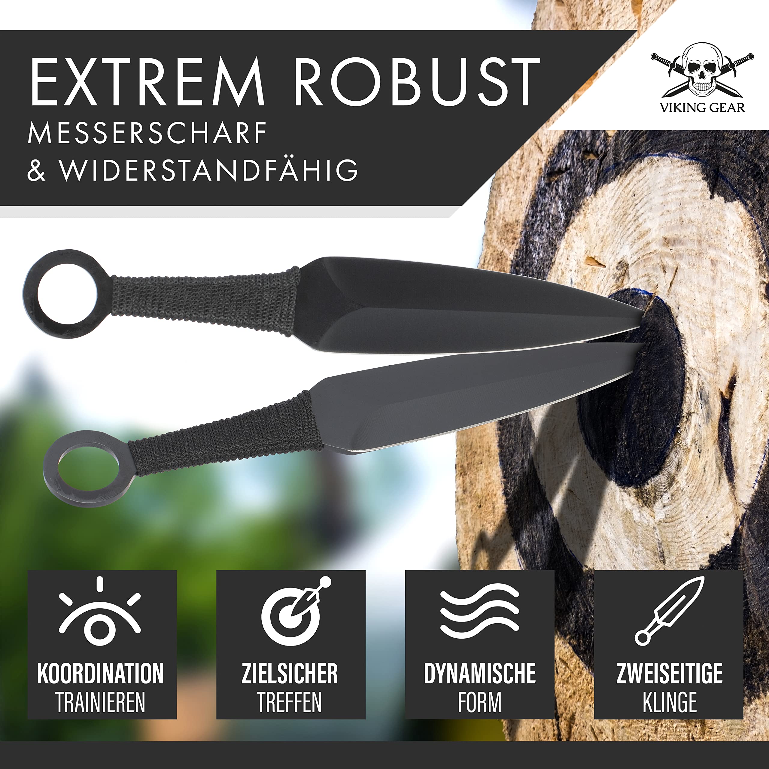 VIKING GEAR® 6X EXPENDABLE Wurfmesser Profi Kunai ca. 22,5 cm - Throwing Knife - Trainingsmesser - Gürtelmesser - Wurfmesser Set inklusive Holster aus Nylon - schnelles Werfen Messer schwarz Edelstahl