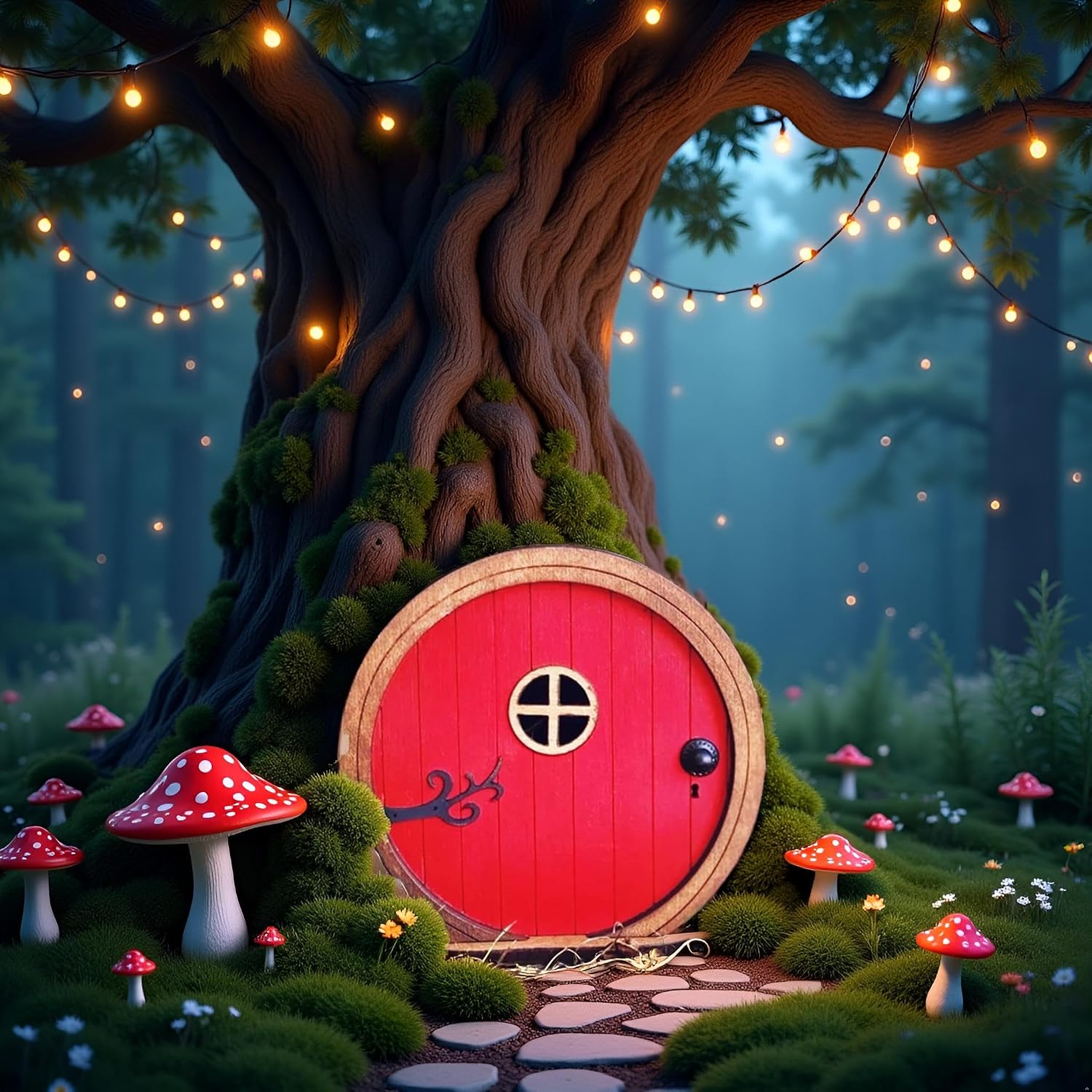 Red Fairy Garden Door for Tree, Fairy Doors for Trees Outdoor & Tree Trunk, Mini Fairy Garden Sculpture Lawn Ornament Decor, Fairytales Door Decoration, Fairytale Tiny House Doors Mini Gift