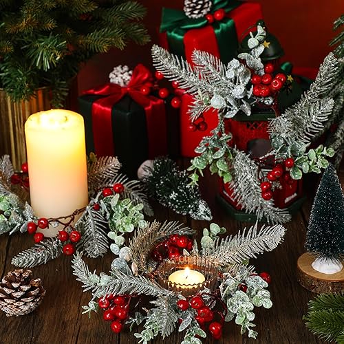Miniatura 4 de Sliner Anillos de vela de Navidad, decoración de coronas, bayas rojas artificiales, agujas de pino nevado, coronas colgantes, guirnalda colgante