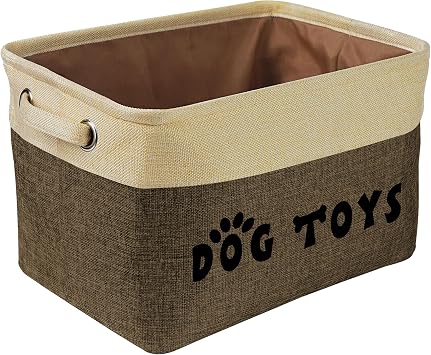 PET ARTIST Dog Toy Basket, Collapsible Dog Toy Bin Box with Comfortable Handles, Large Pet Toy Storage Basket Organizer for Accessories, Toys,Coat & Clothing,Blanket Leash Brown, M15"x11"x9"