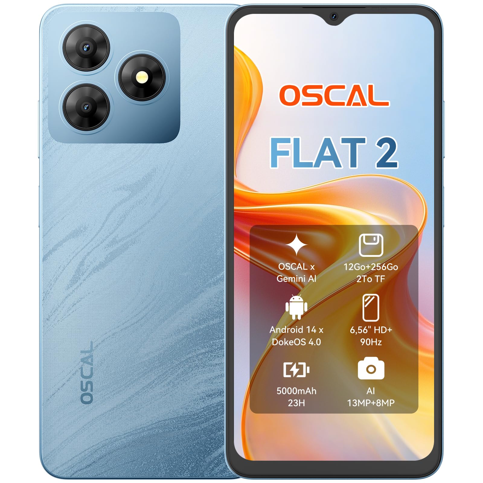 Smartphone OSCAL Flat 2C Android 14 - 6Go RAM, 64Go, Écran 6.56", Batterie 5000mAh, 4G