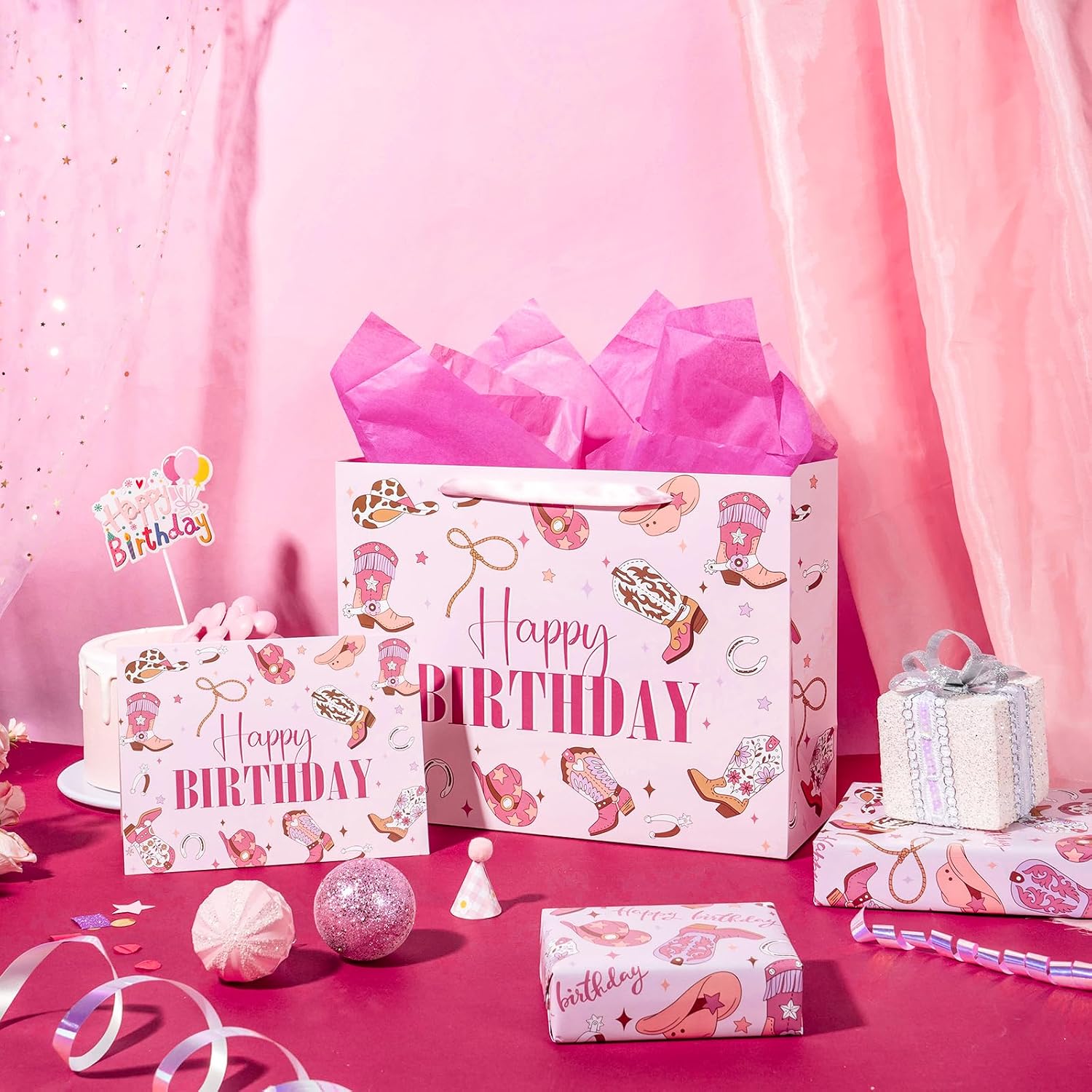 LeZakaa 13" Western Birthday Gift Bag for Kids Girls, Happy Birthday Cowgirl Hats Boots Lassos Horseshoes Stars Design, Tissue Paper, Greeting Card, 13" x 10" x 5", 1 Pcs image 5