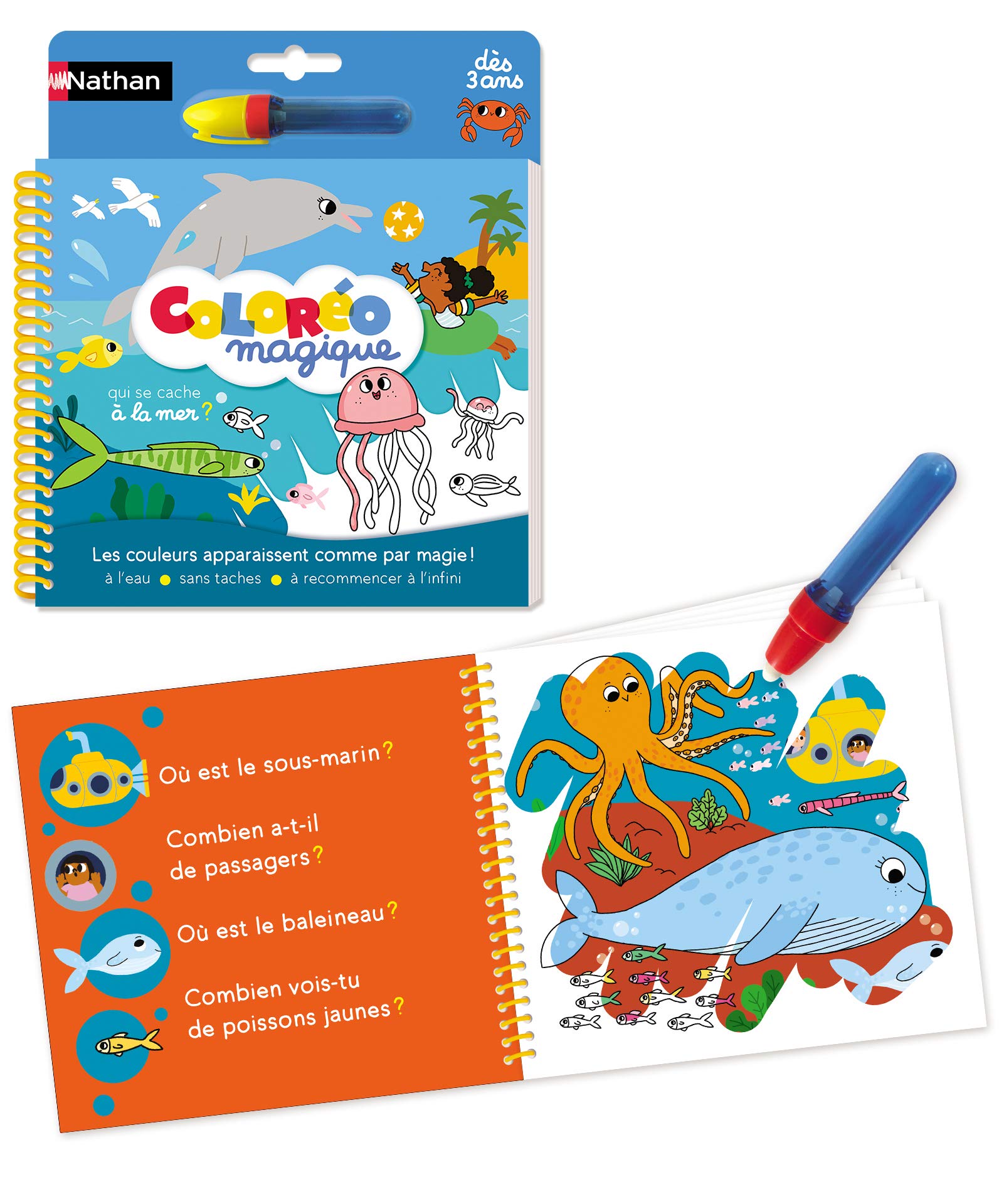 Nathan 31613 Coloro Fish Mer  The Magical Water Coloring to redo infinitely for Children from 3 Years Old, Yellow, Blue, Red, Ensemble de 2 pices