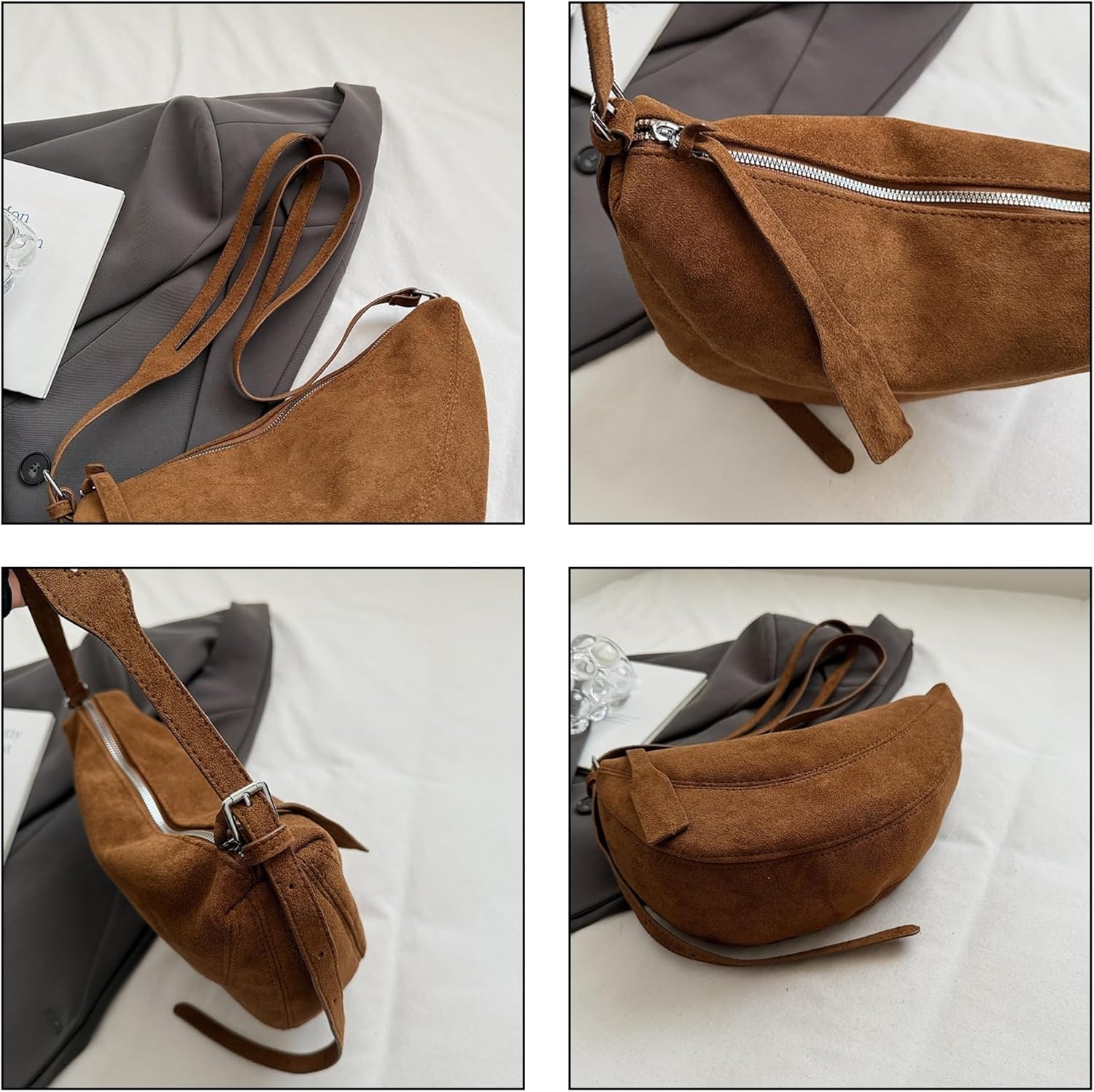 Faux Suede Sling Bag - Women's Crossbody Purse with Adjustable Long Strap, Lightweight Travel Shoulder Bag, Soft - Image 5