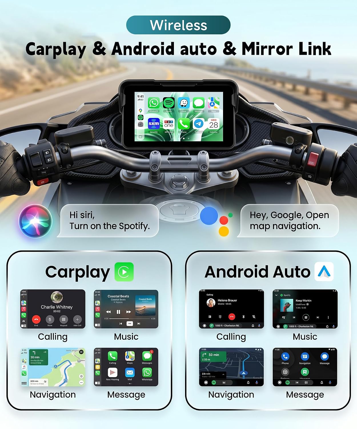 Motorcycle Wirelsss Carplay Android Auto Screen, 5 Inch Wireless CarPlay with Anti-Theft Design Mount, IP68 Waterproof Car Play Moto Touchscreen Dual Bluetooth Portable GPS Navigation