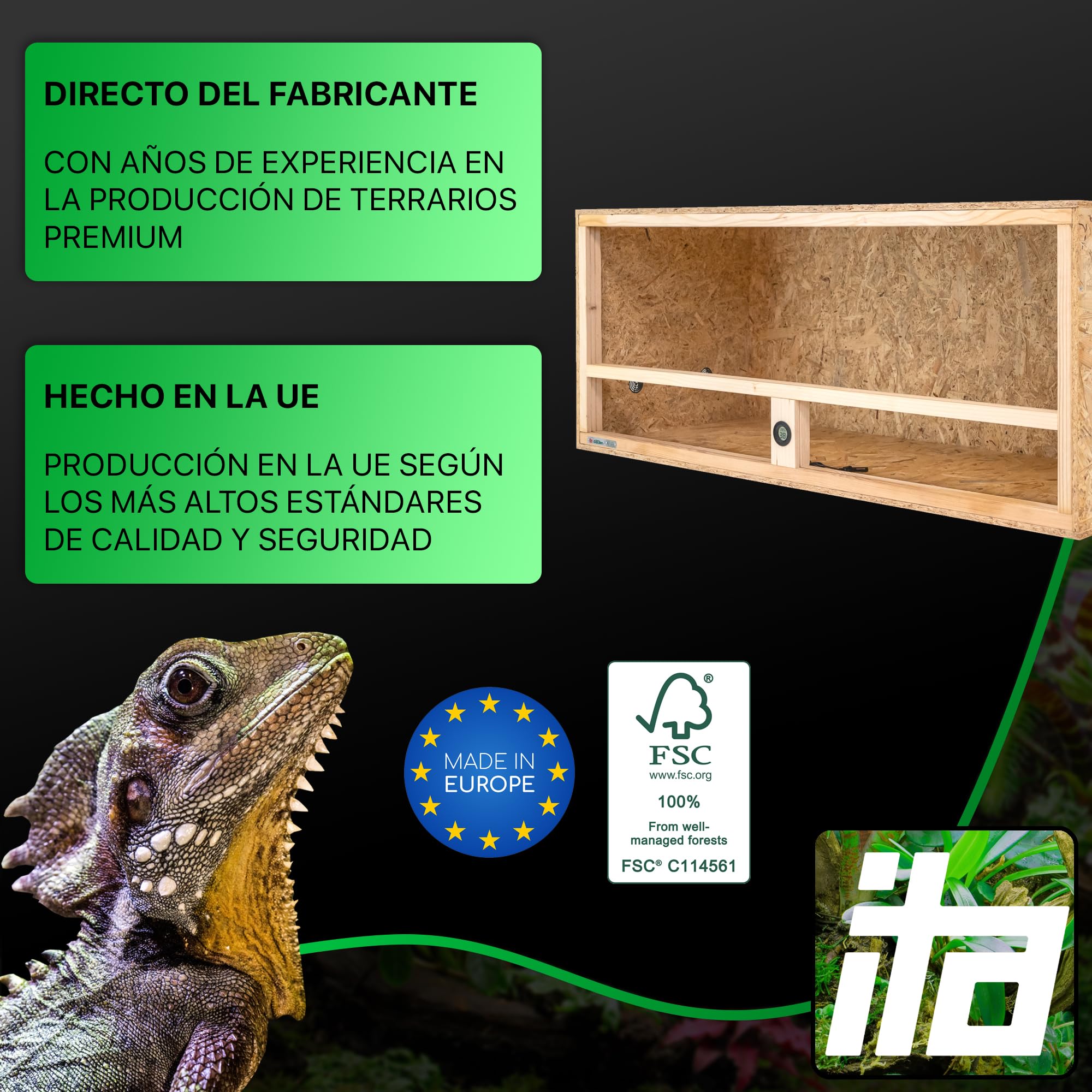ITA Terrario de Madera 120x50x50 cm con ventilación Lateral e higrómetro Integrado - Terrarios de OSB-3 - para Reptiles, Serpientes, Anfibios - Producto UE, Certificado FSC