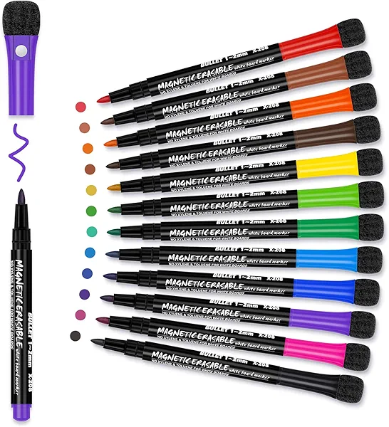 Magnetic Dry Erase Markers Fine: 12 Colors Erasable Whiteboard Markers Fine Point with Eraser Cap, Low Odor White Board Dry Erase Pens Fine Tip for Teachers, Home, Office and School Supplies