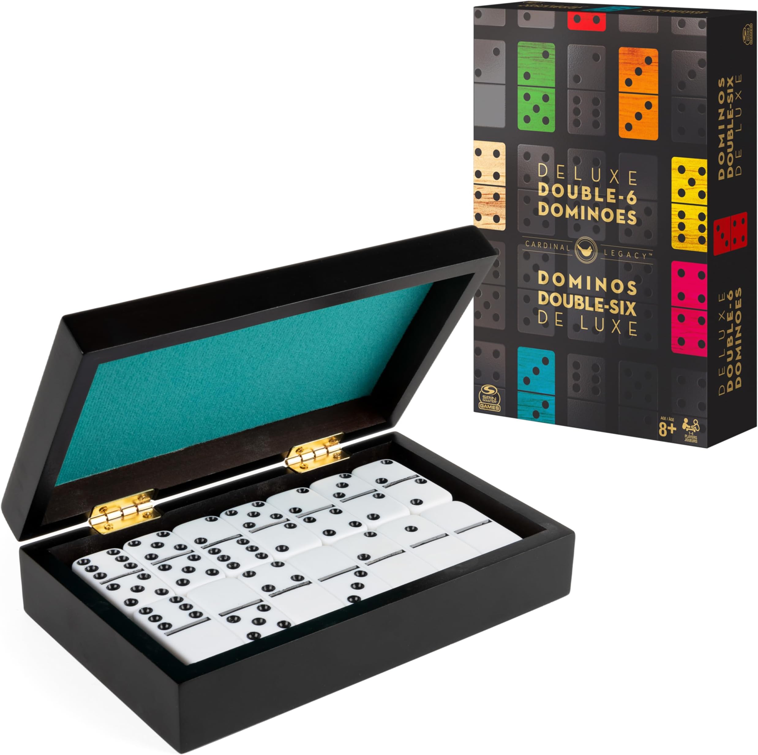 Cardinal Legacy Deluxe Double-6 Dominoes, Classic Board Game Set of 28 Dominoes in Lined Wooden Case, for Kids & Family, 1-4 Players, for Ages 8 & Up