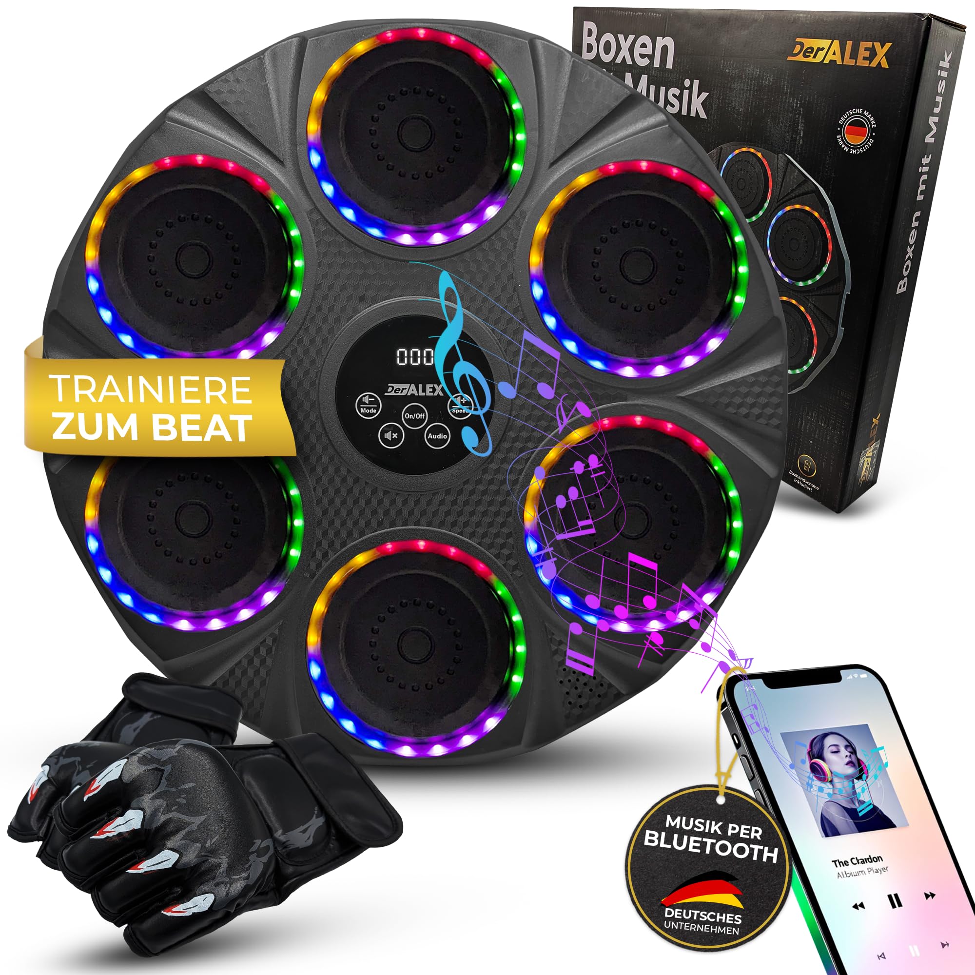 DerALEX - Dispositivo di boxe interattivo con musica e indicatore LED – Allenamento elettronico di boxe per riflessi, fitness e coordinazione – Allenamento basato sul ritmo per la casa e la palestra