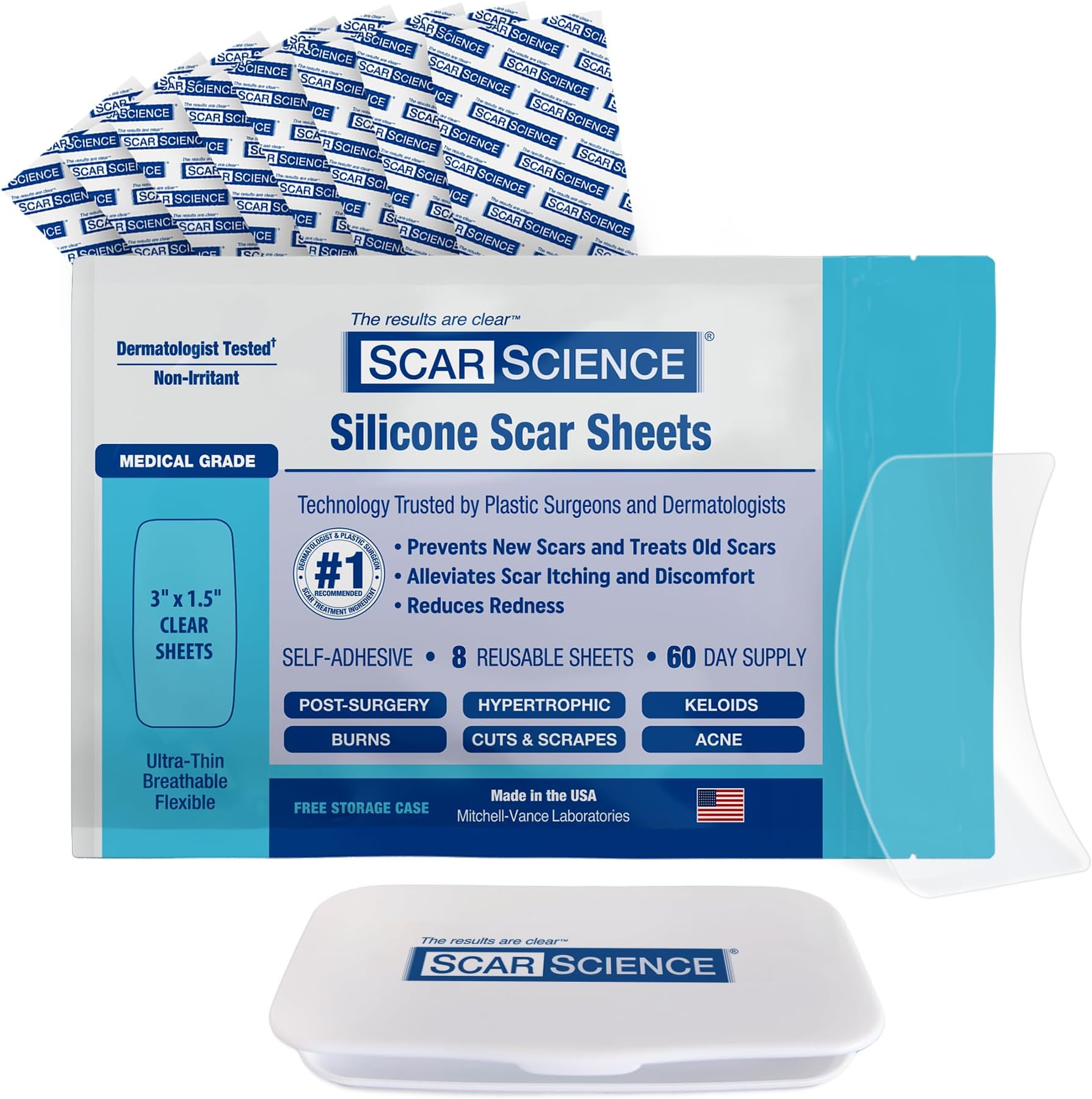 Medical Grade Silicone Scar Sheets - Silicone Scar Tape for Surgical Scars - Durable and Reusable Breathable Gel Sheets with Storage Case - Small 3-Inch, 8-Pack