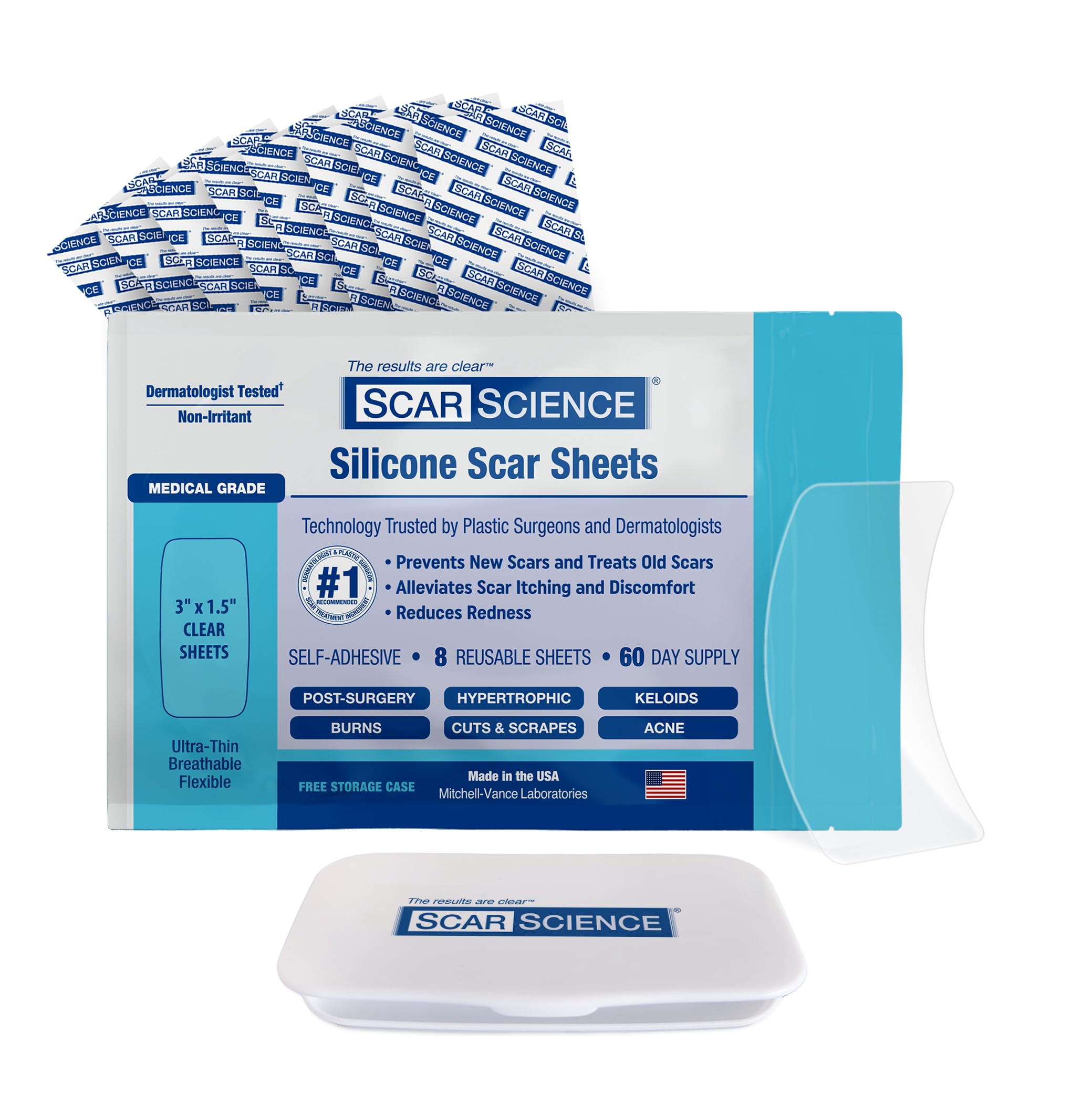 Medical Grade Silicone Scar Sheets - Silicone Scar Tape for Surgical Scars - Durable and Reusable Breathable Gel Sheets with Storage Case - Small 3-Inch, 8-Pack