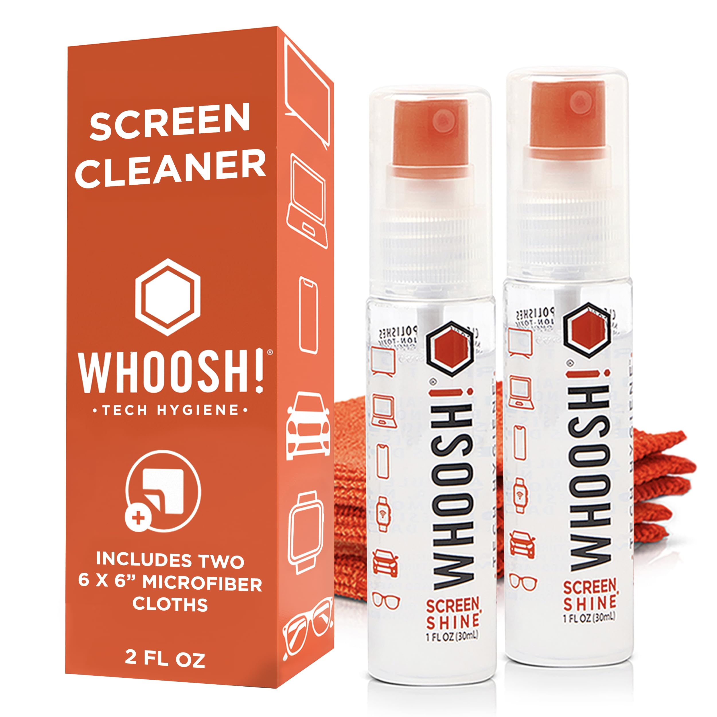 Screen Shine Go 2-Pack – Two 1 fl oz Refillable Touchscreen Cleaners with Microfiber Cloths for Car, iPad, Laptop and Eyeglasses – Powerful Streak-Free Cleaning – Pocket-Sized, TSA-Approved