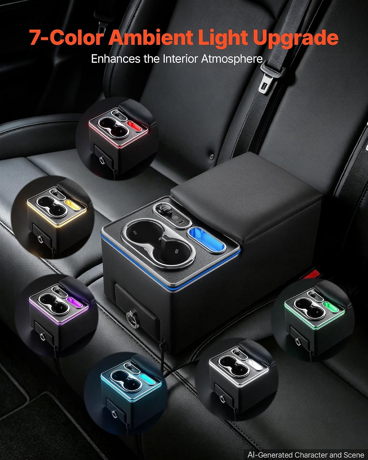 VEVOR Universal Rear Bench Seat Center Console with 7-Color Ambient Lights