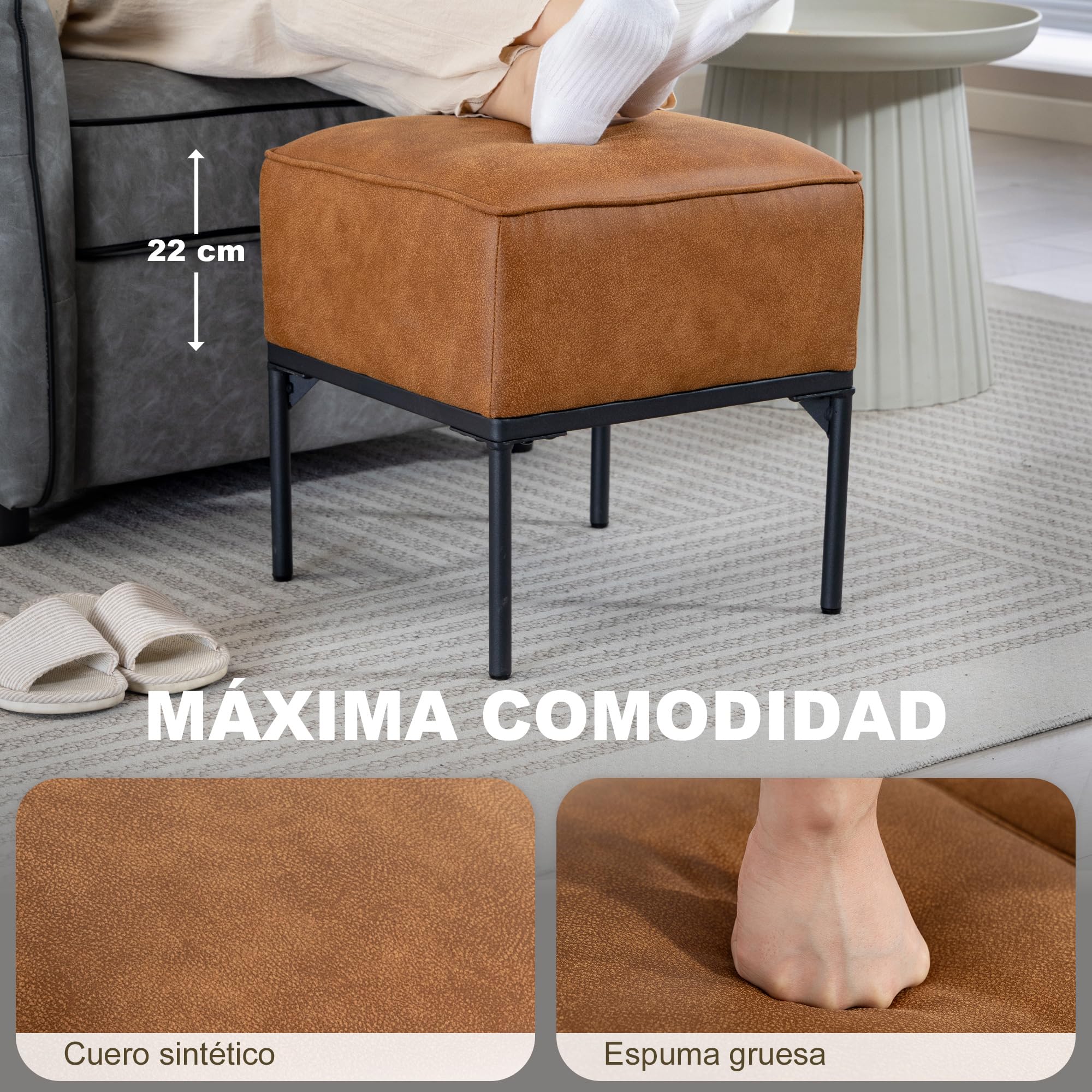 HOMCOM Reposapiés Salón Taburete Bajo Moderno Otomana 40x40x46 cm Marrón | Asiento Acolchado Grueso, Patas de Acero, Cuero Sintético, Otomana de Dormitorio, Carga 120 kg, para Entrada, Pasillo