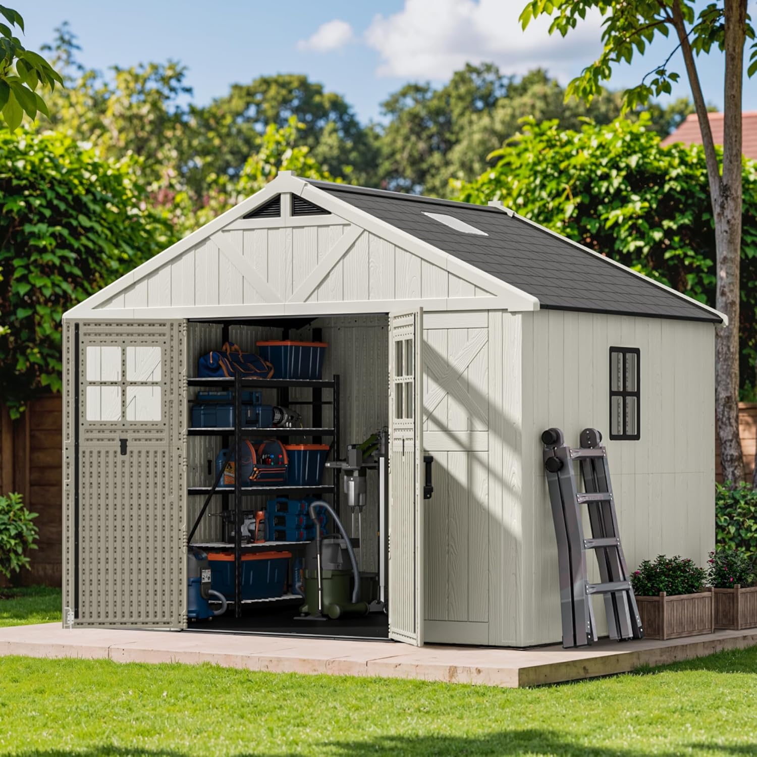 Patiowell 10x8 FT Storage Shed interior with shelving and tools