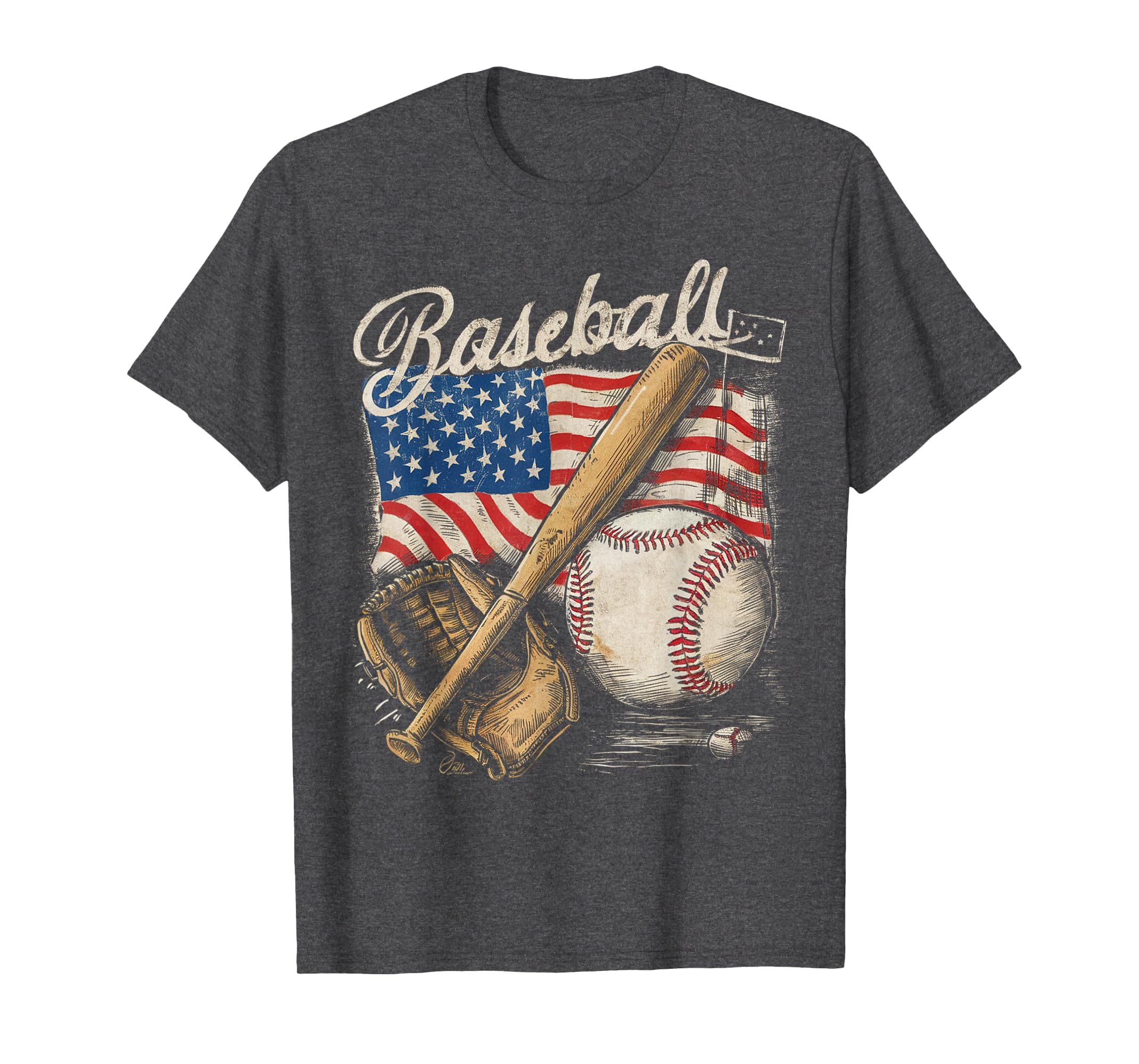 American Flag Baseball Player Bat Fan Catcher Pitcher USA T-Shirt