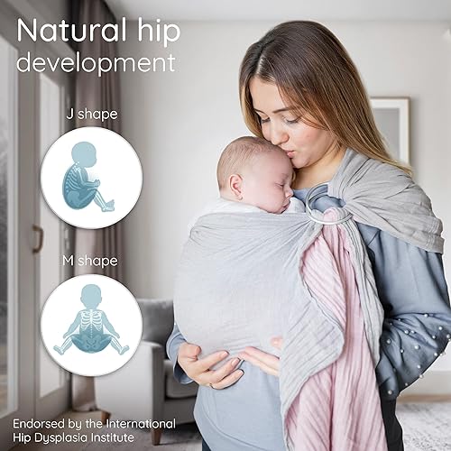 Miniatura 5 de Ring Sling - Portabebés probado en laboratorio, 100% muselina de algodón natural, transpirable y ergonómico, color rosa gris