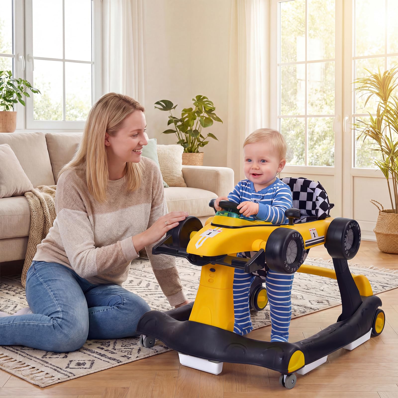 RELAX4LIFE Girello per Bambini 6-18 Mesi, Baby Walker 4 in 1 Trasformabile, Carrello Primi Passi e Macchinina a Spinta con Luci e Suoni, Altezza Regolabile, Pieghevole (GIALLO)