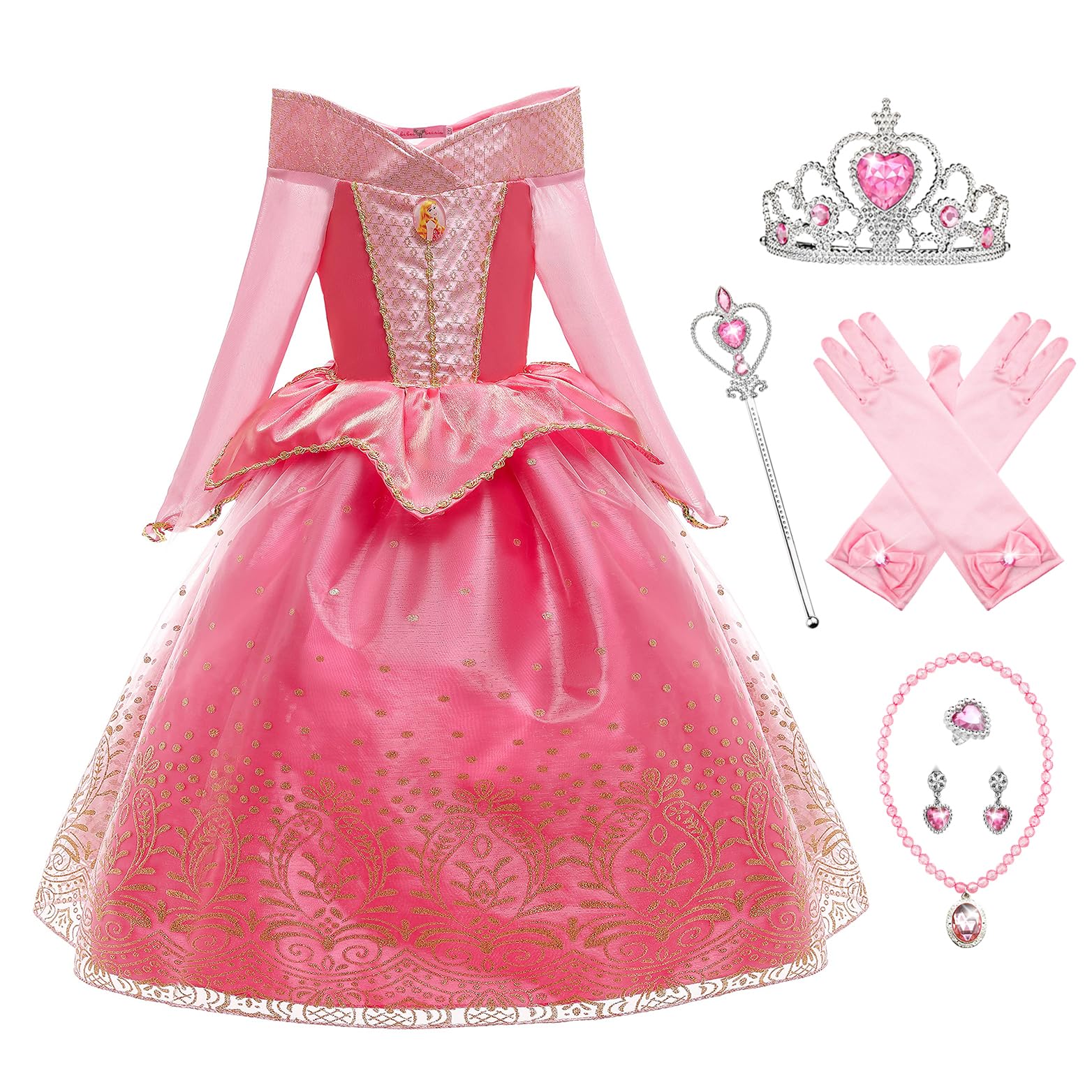 YOSICILCostume da Principessa Aurora per Ragazze Costume da Bella Addormentata a Maniche Lunghe con Accessorio 6 Pezzi Cosplay Compleanno Festa Halloween Natale,Rosa-6PS,110