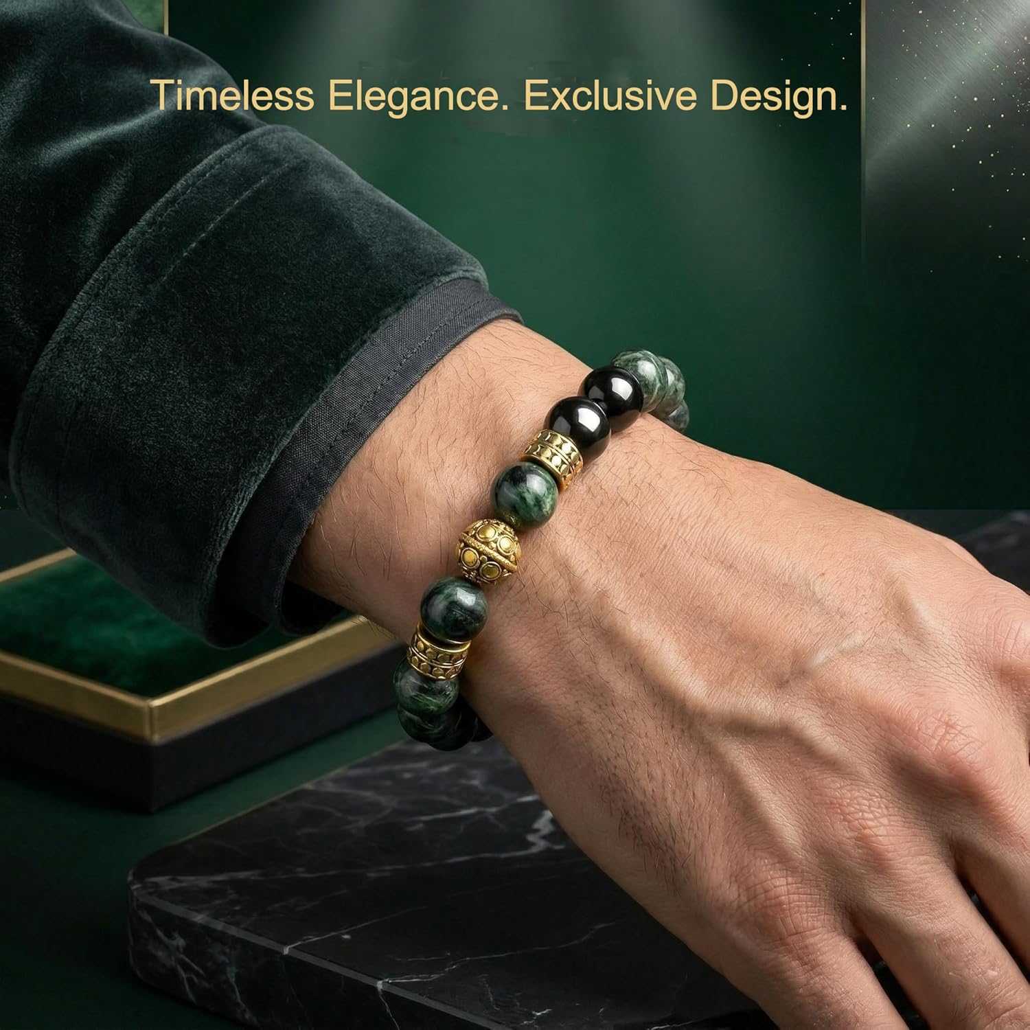 Kartini Studio Jade and Gold Bracelet, Dark Green Jade and Gold Beads Bracelet, Quality Bead Jewelry for Man