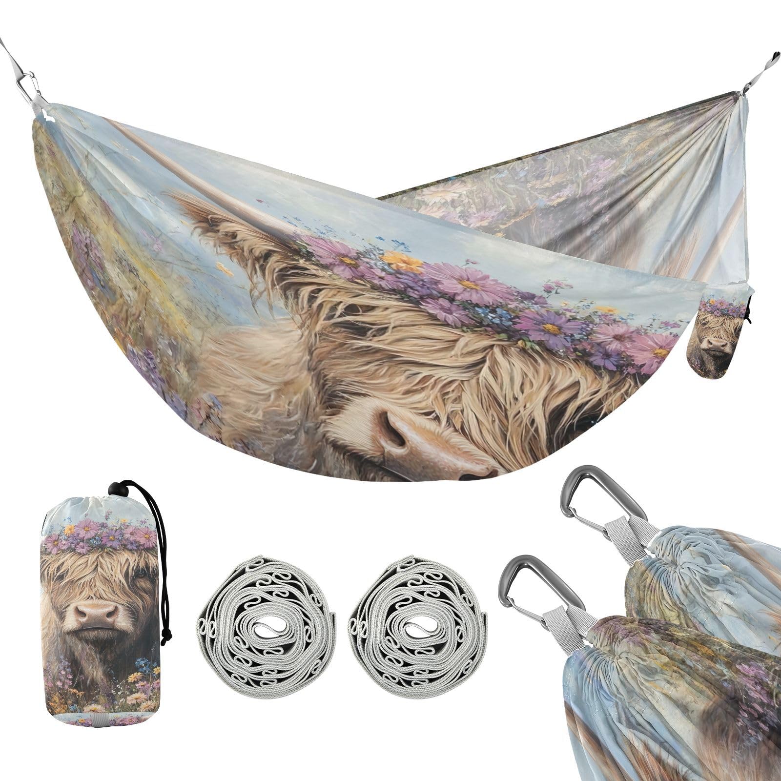 Haskirky Cute Highland Cattle Camping Hammock, Single Portable Hammocks with Tree Straps & Attached Carry Bag, 330Lbs Capacity Perfect for Outside Indoor Hiking Beach Backpack Travel
