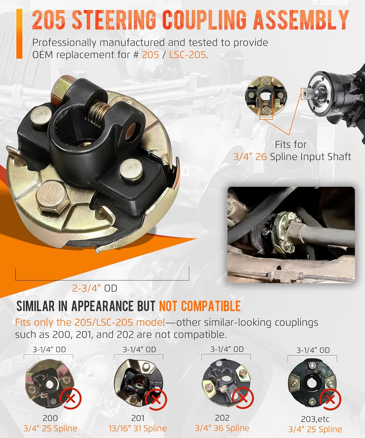 205 Steering Coupling Assembly For 3/4" 26 Spline Input Shaft With 2-3/4" OD Compatible With Chevy Chevrolet, GMC, Buick, Cadillac, Dodge, Isuzu, Oldsmobile, Pontiac