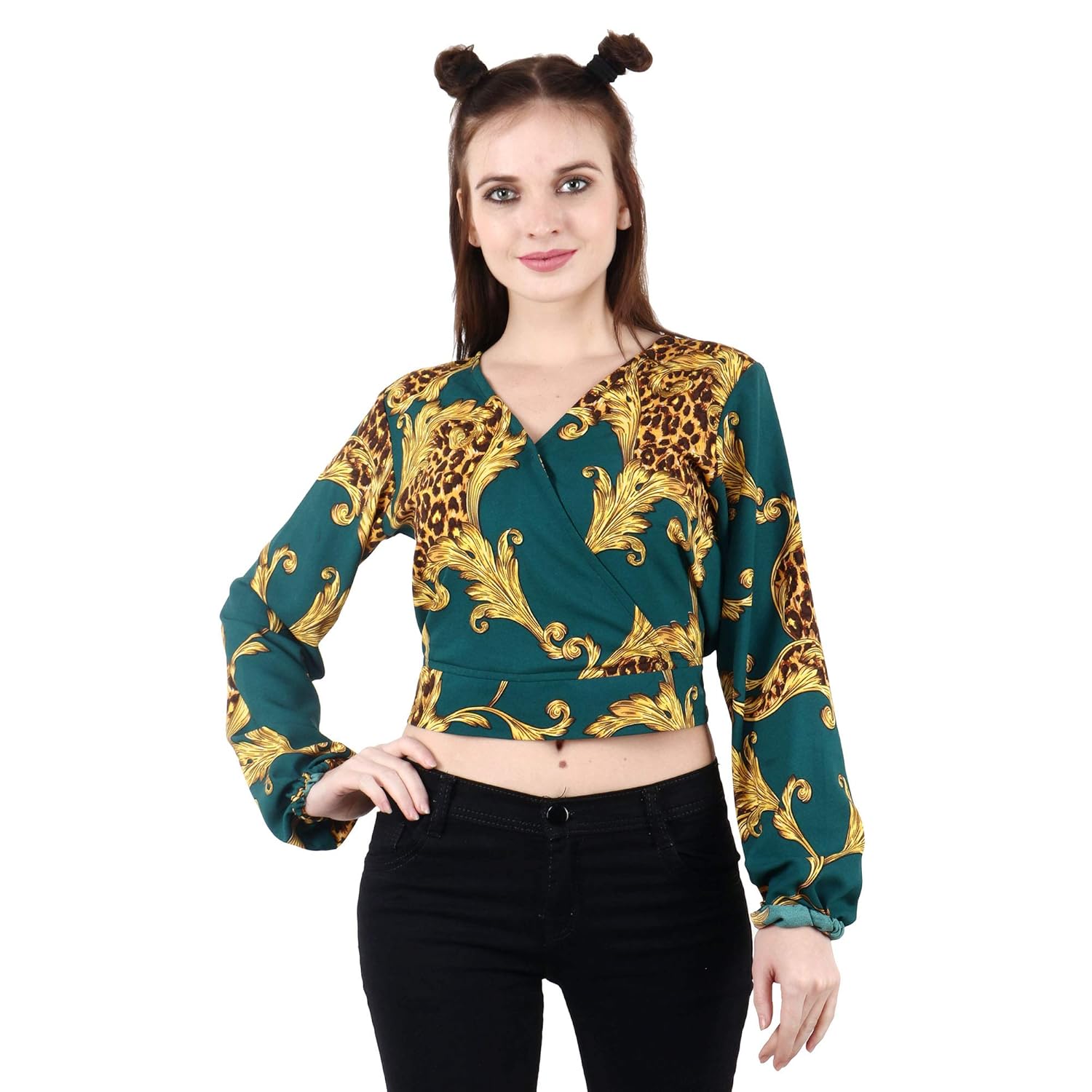 POPWINGS Green and Golden Printed Bishop Sleeves top for Women