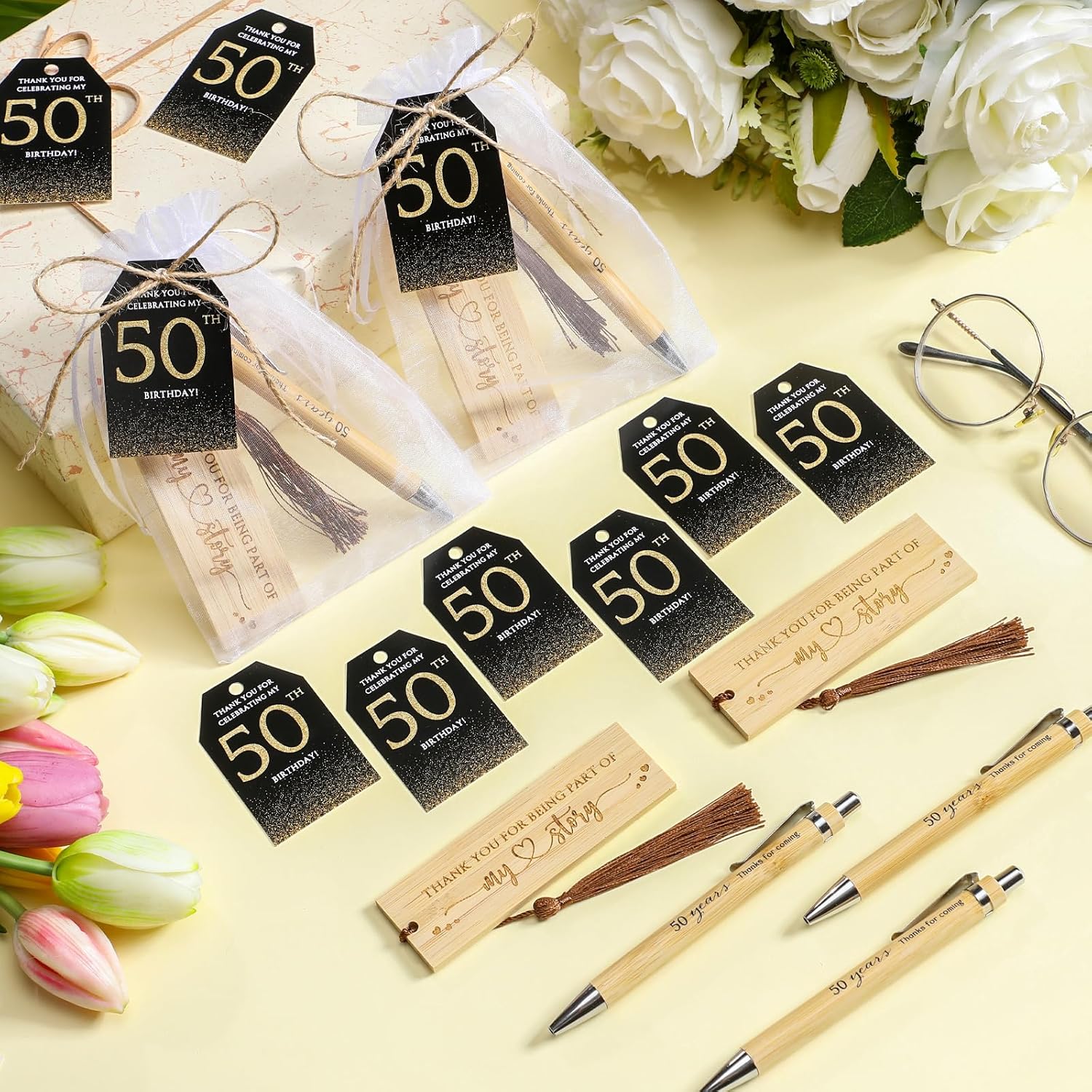 25 Sets Birthday Favors for Guests 25 Thanks for Coming Bamboo Pens 25 Wooden Bookmarks 25 Cards with Organza Bag for Adult Birthday Wedding Anniversary Party Souvenir(50th) - Image 5