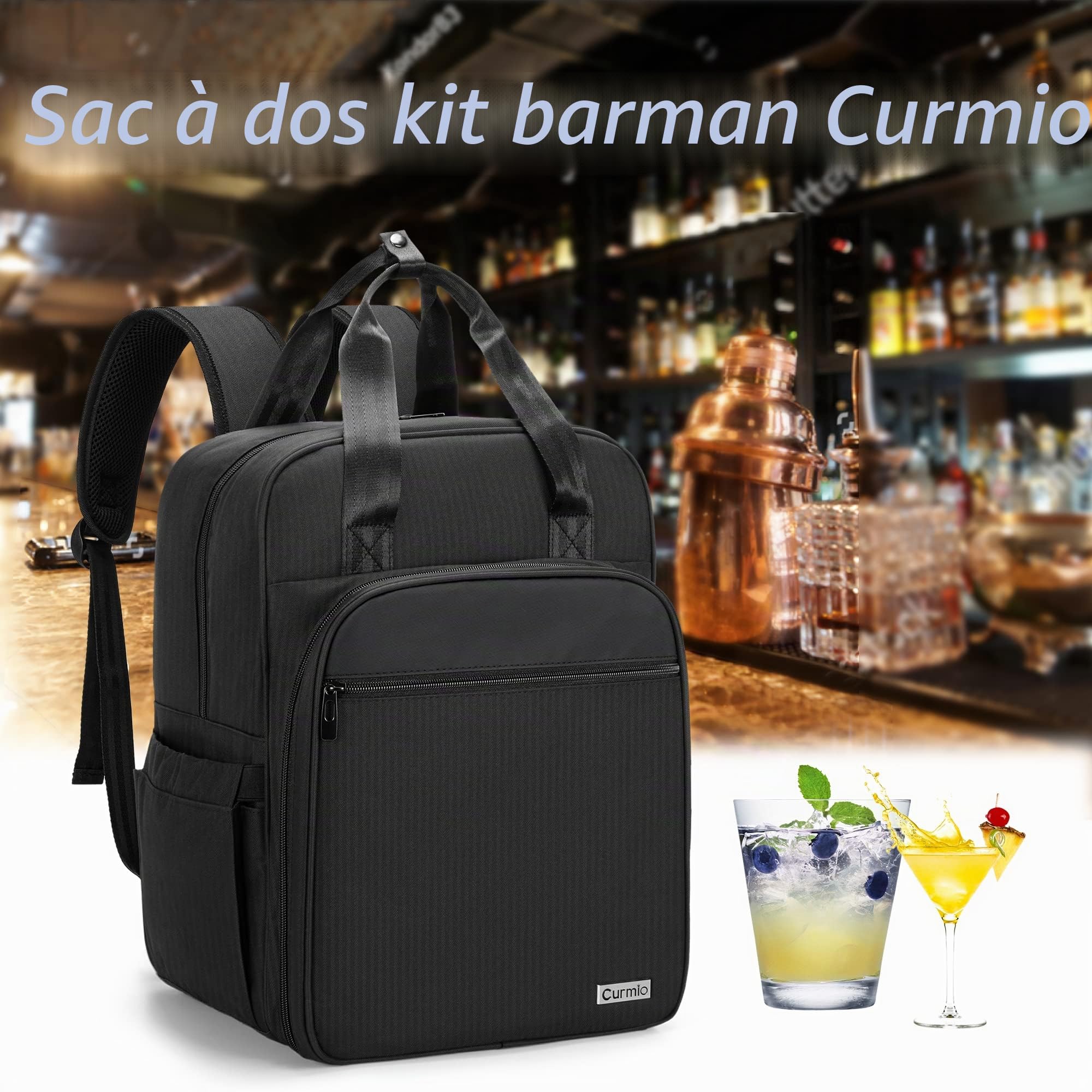 CURMIO Barman Sac Voyage Barman Trousse Sac à dos avec compartiments rembourrés, sac de transport portable pour ensemble d'outils de bar, maison à l'intérieur en plein air, sac seulement, Noir | Spécial pour Ensemble D'outils de Bar, Plusieurs Bandes & Co