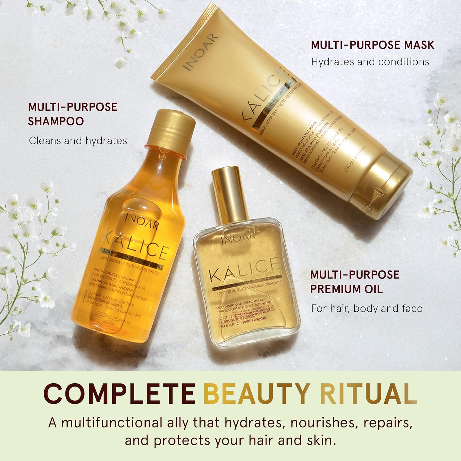 INOAR Kálice Multifunctional Shampoo with Vitamin E & Botanical Oils for Moisturizing Repair, 8.45 Fl Oz