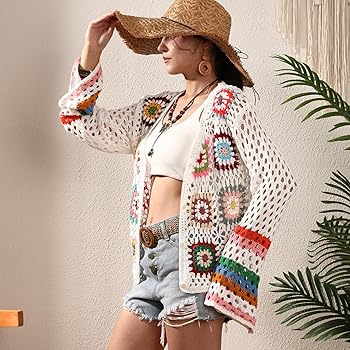 Women's Crochet Open Front Floral Cardigan Colorful Striped