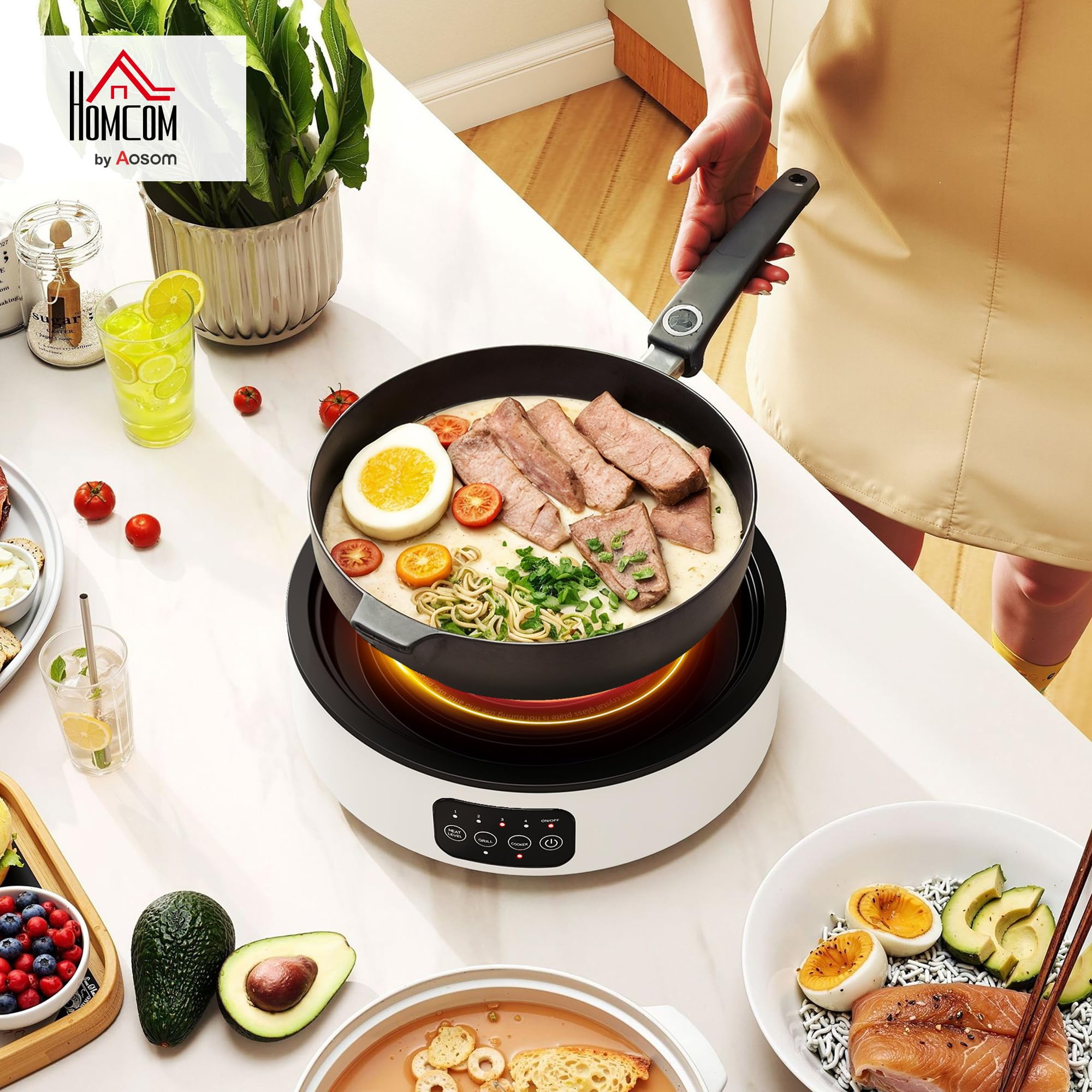 HOMCOM Infrarot-Einzelkochplatte Glaskeramikkochfeld mit Grillplatte, 2 Mode, LED-Touch-Steuerung 2000 W 36 cm Herdplatte mit 4 Heizstufen, Fettauffangschale, für Alle Töpfe - 2