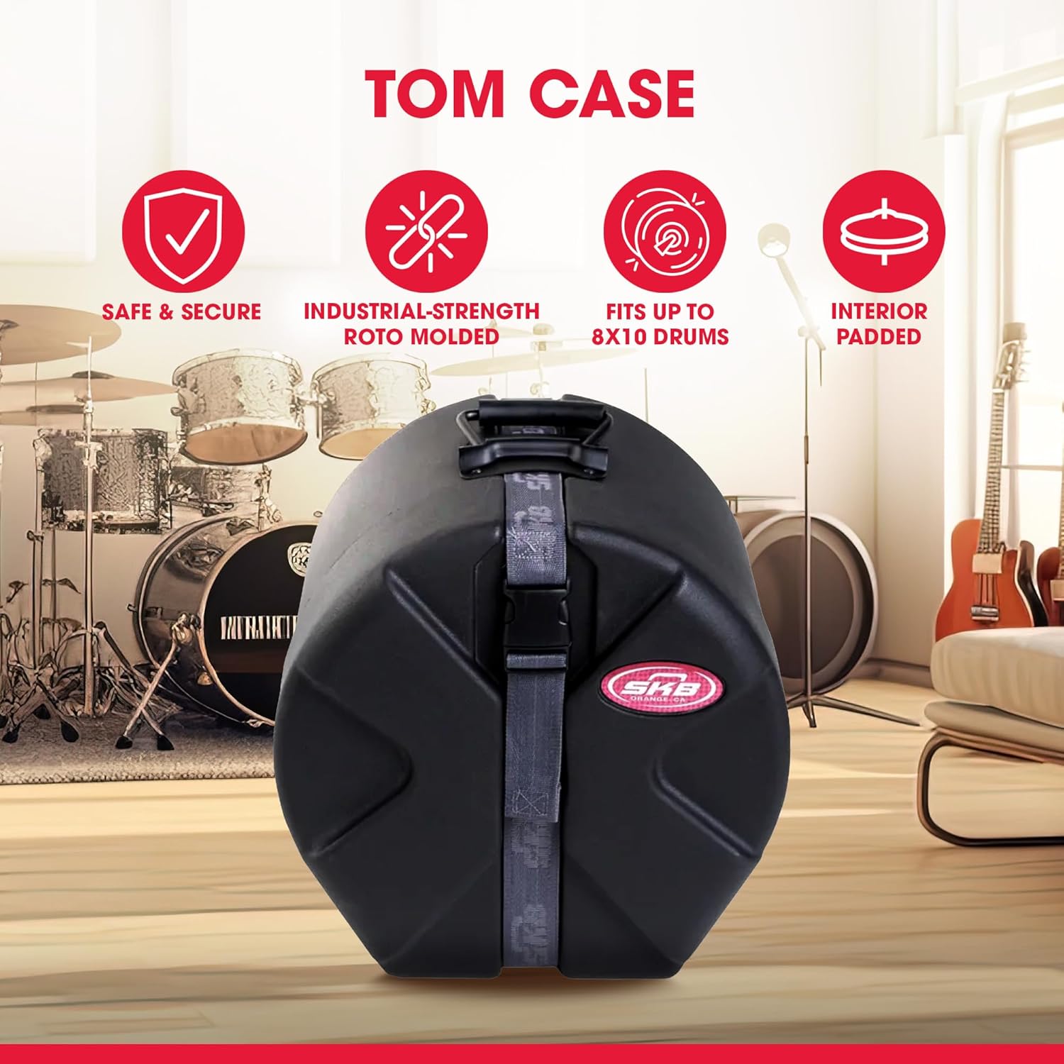 SKB 8" x 10" Tom Case with Padded Interior, D-Shaped Drum Design, and Molded in Feet for Upright Positioning and Stability, Black