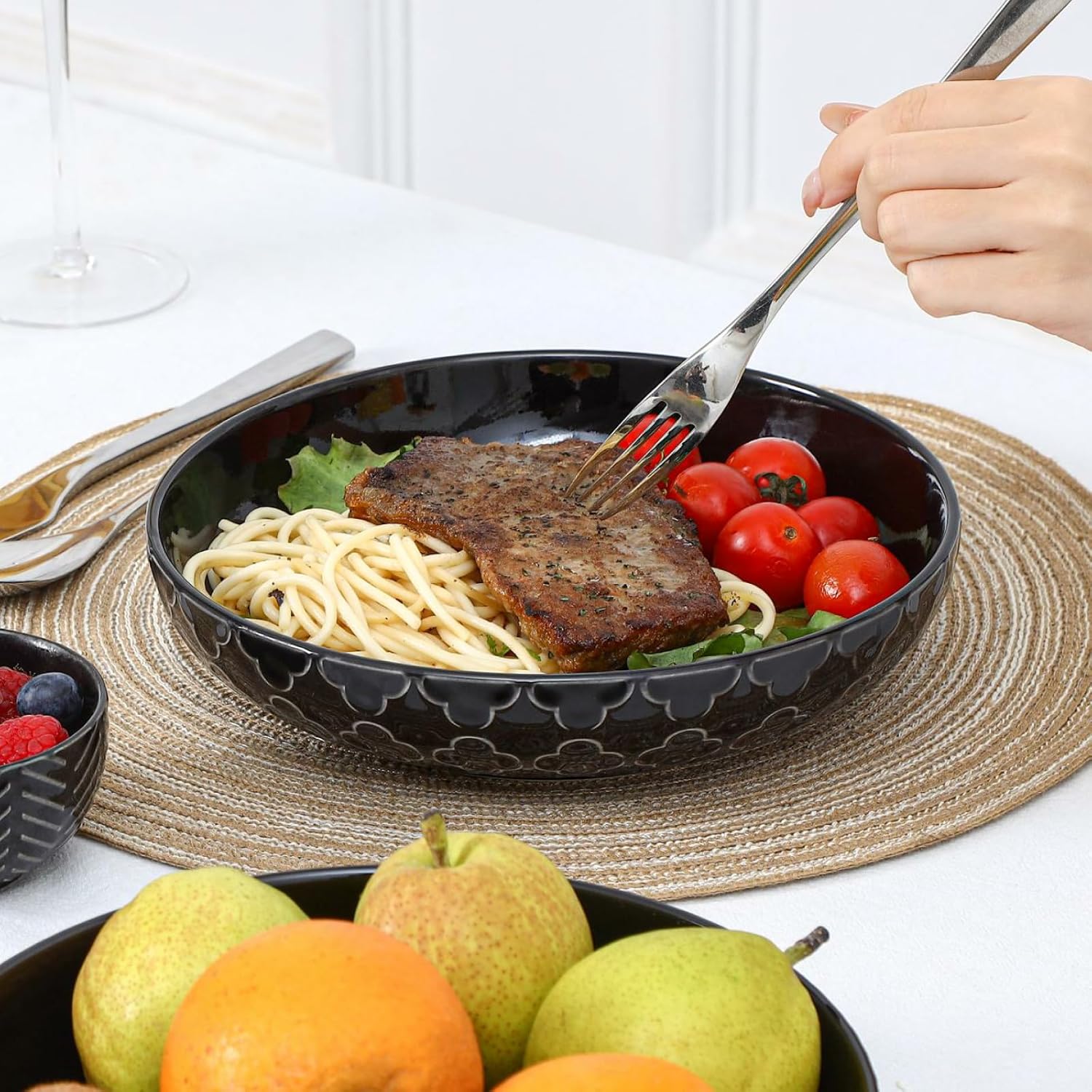Sureasy 9.7" Pasta Bowls Set of 4-42 oz Large Salad Bowls for Kitchen, Embossed Ceramic Serving Bowls for Fruits, Soup, Pasta and Salad, Microwave & Dishwasher Safe, Black - Image 6