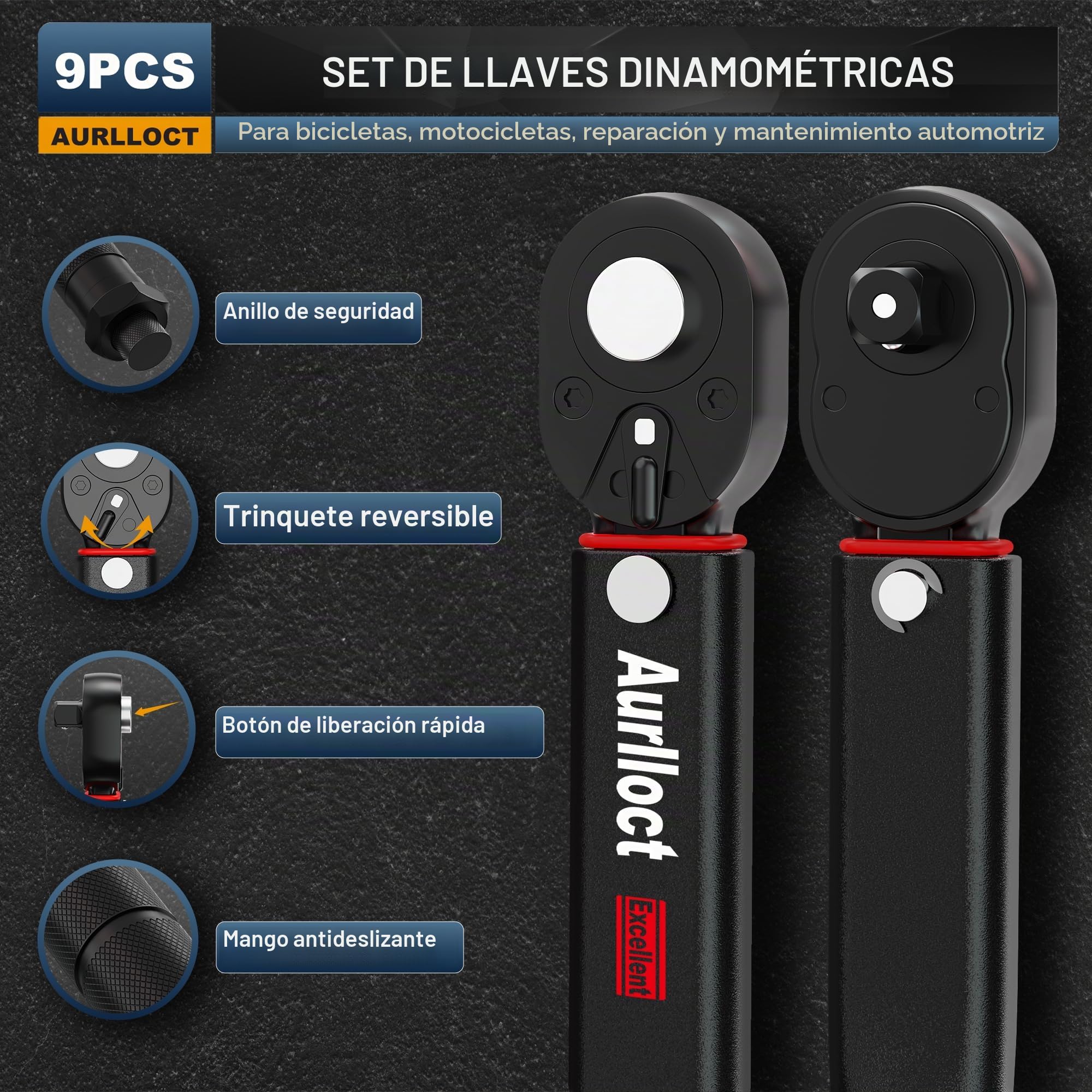 Juego Llave Dinamométrica 1/4" 3/8" 1/2", 9 Piezas 72 Dientes para Coche Moto Bici