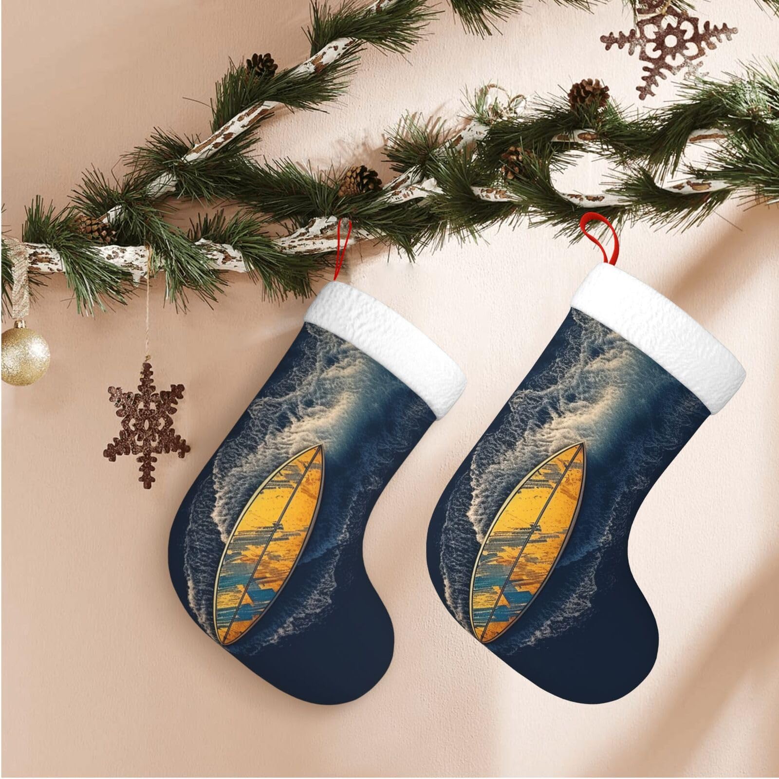 17.7" Christmas Stocking 1 Piece, Surfboard Xmas Stockings with White Plush Cuff Fireplace Hanging Stocking for Christmas Holiday Party Decoration