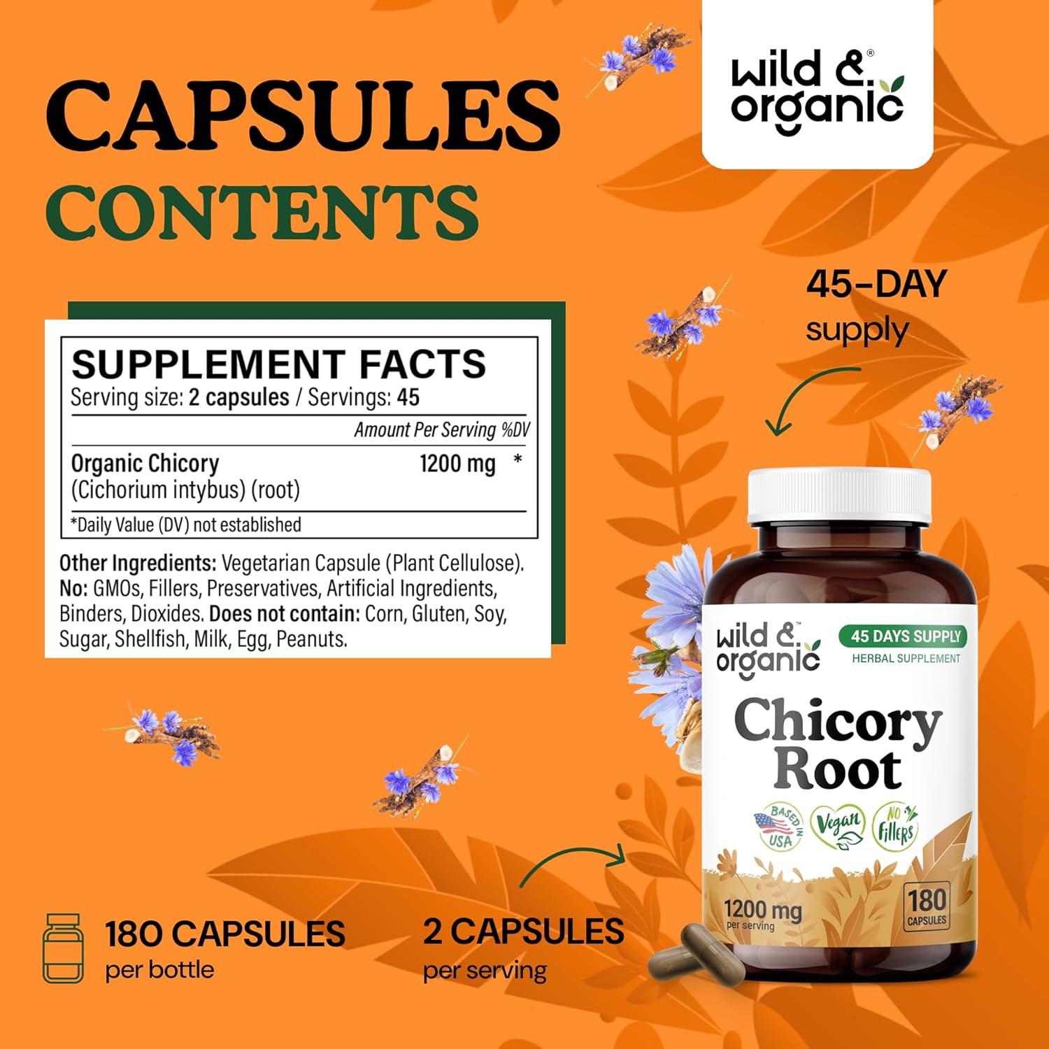 Wild & Organic Chicory Root Fiber Capsules - 1200 mg of Chicory Root Powder per Serving - Digestive & Gut Support - Inulin Prebiotic Fiber Supplement - Non-GMO, Vegan Inulin Capsules - 180 Count - Image 3