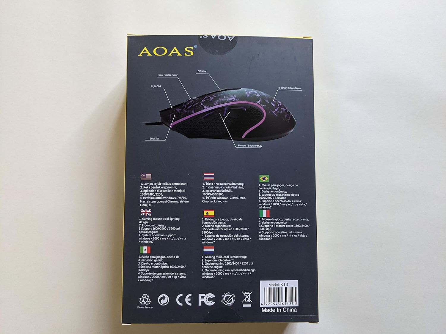 Diagram of AOAS K10 Gaming Mouse with labeled buttons