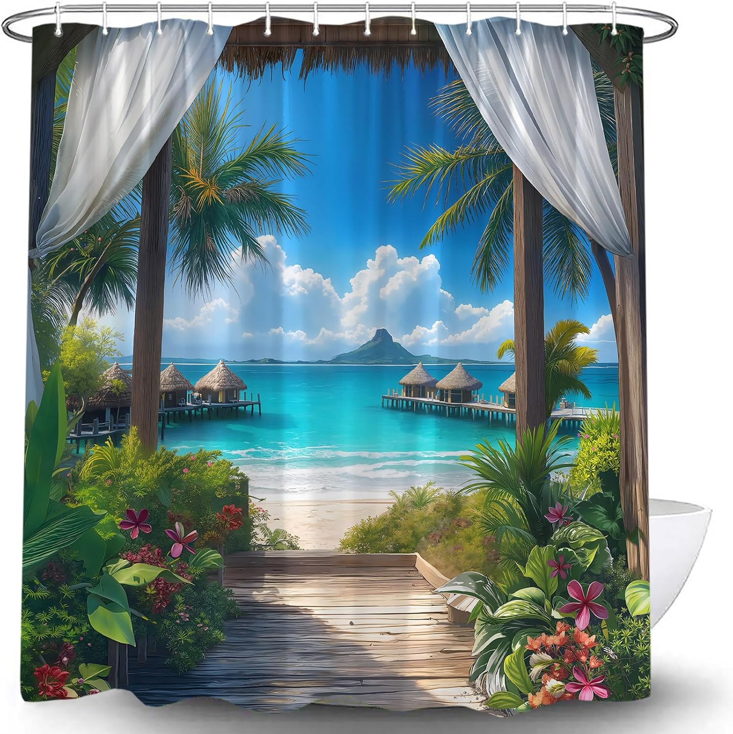 Ocean Beach Shower Curtain Tropical Palm Tree Blue Sky Sunrise Flower Nature Seaside Scenery Wooden Window Hawaii Bathroom Curtains Decor with Hooks