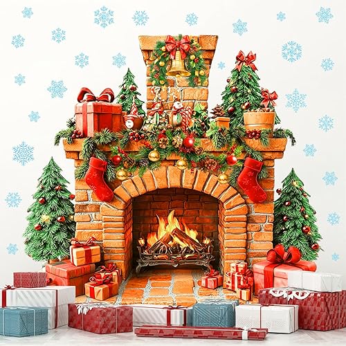 Calcomanías de pared grandes para chimenea, calcomanías de pared extraíbles para chimenea, calcomanías de copo de nieve de invierno, calcomanías de