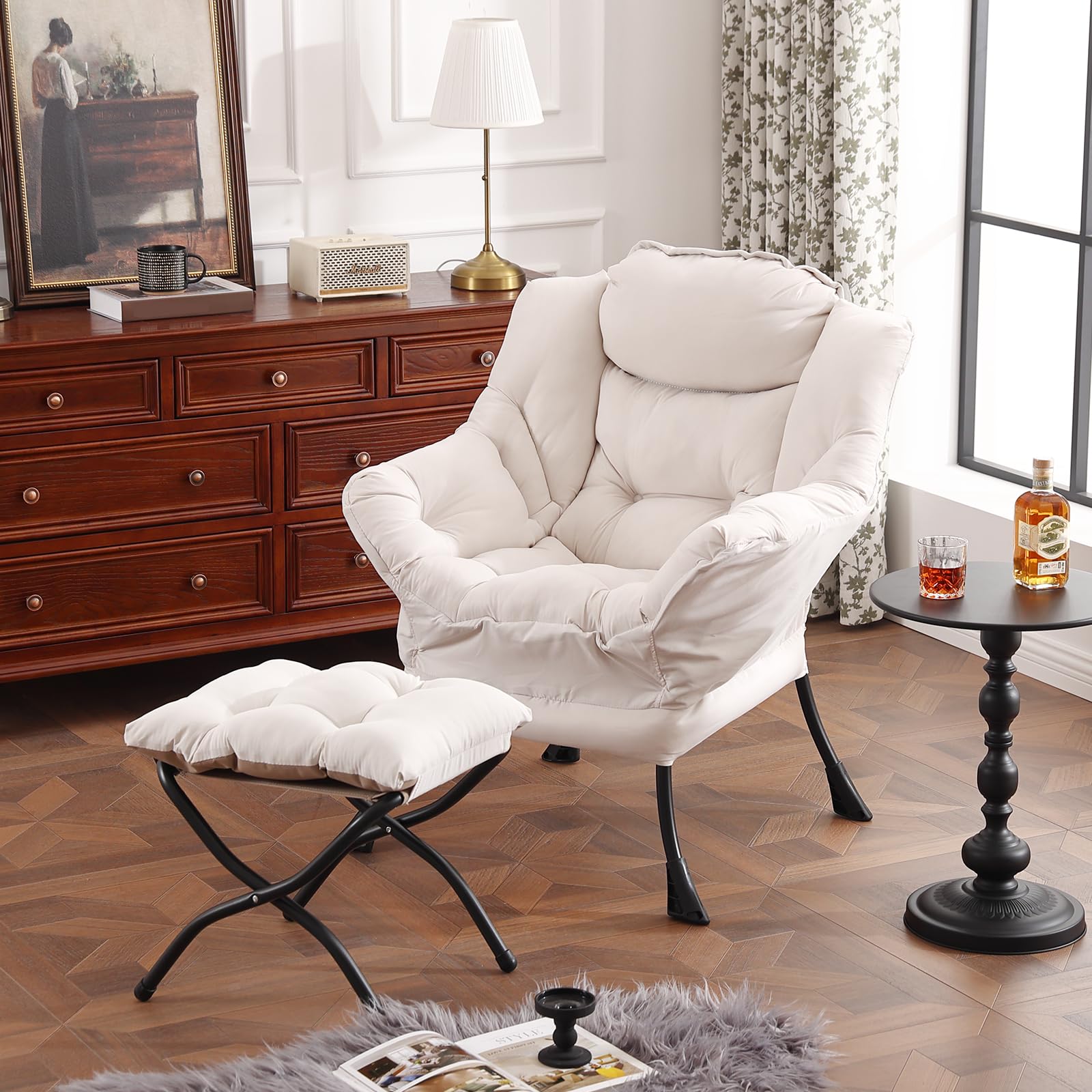 Lazy Chair with Ottoman, Modern Chair with Folding Footrest, Lounge Accent  Chair, Comfortable Reading Chair, Oversized Armchairs for Bedroom, Study