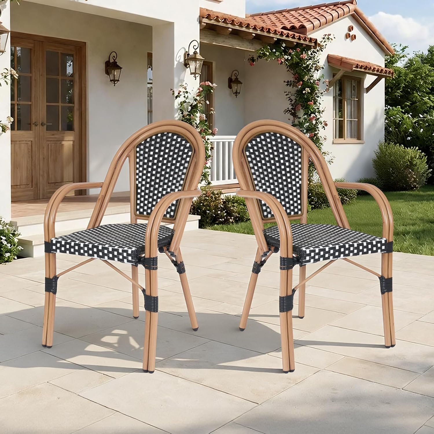 Patio French Chairs Set of 2, Outdoor Hand-Woven PE Wicker Dining Chairs w/Armrests & Metal Frame, Rattan Bistro Chairs for Front Porch Garden Deck Balcony Poolside, White/Black