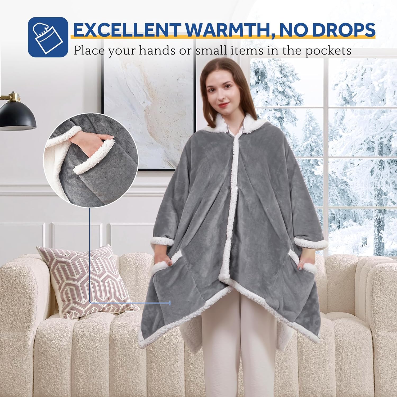 Sealy Heated Throw Wearable Shawl Wrap with Pockets, Reversible Flannel to Sherpa Electric Blanket Hoodie Poncho with 6 Heating Levels & 2-10 Hours Time Settings, 50 X 60 Inch, Light Grey