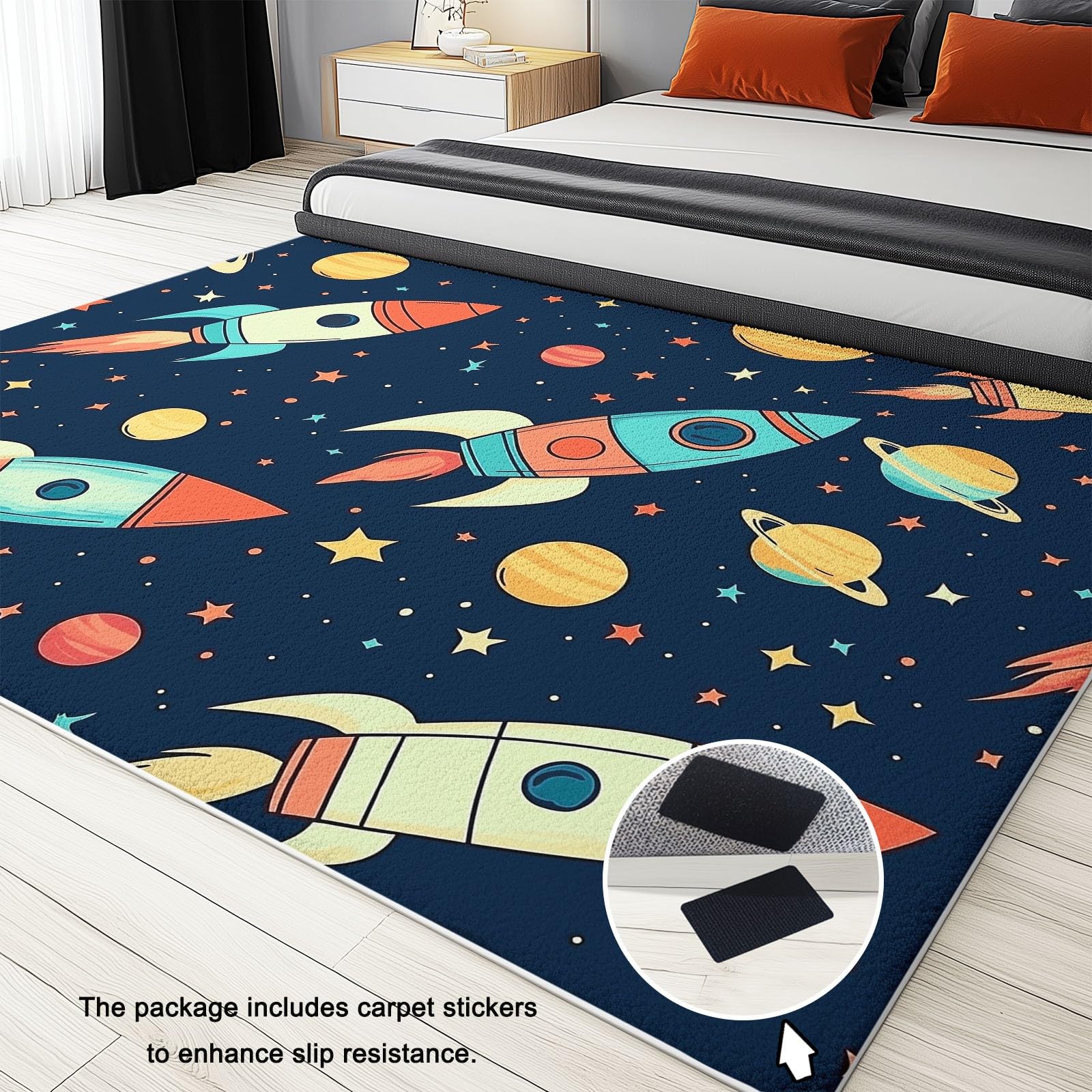 80 x 150 cm Teppich für Wohnzimmer – Kurzflor, Pflegeleicht & Extra Weich, Rechteckiger Teppich mit Niedliche Cartoon-Rakete Stern, geeignet für Schlafzimmer Kinderzimmer, Bunt