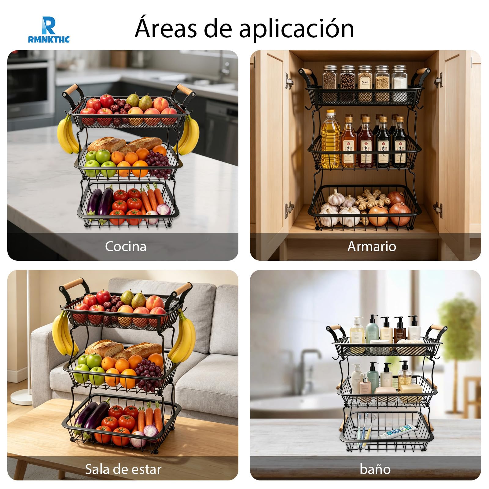 Cesta de Frutero de 3 Niveles, Soporte de Frutas de malla con 2 Ganchos para Plátanos, Encimera de Cocina, Aparador, Despensa, para Almacenar Pan, Aperitivos, Frutas y Verduras (Negro)